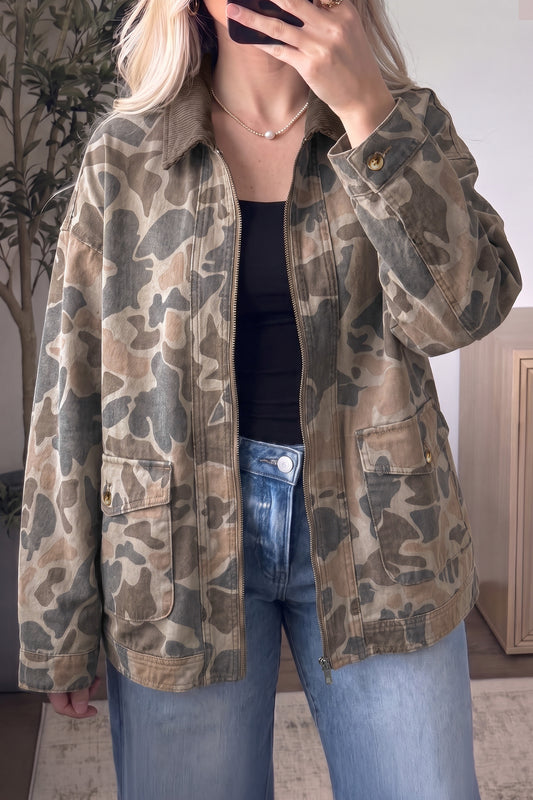 Multicolour Camouflage Print Corduroy Contrast Collar Zip Denim Jacket
