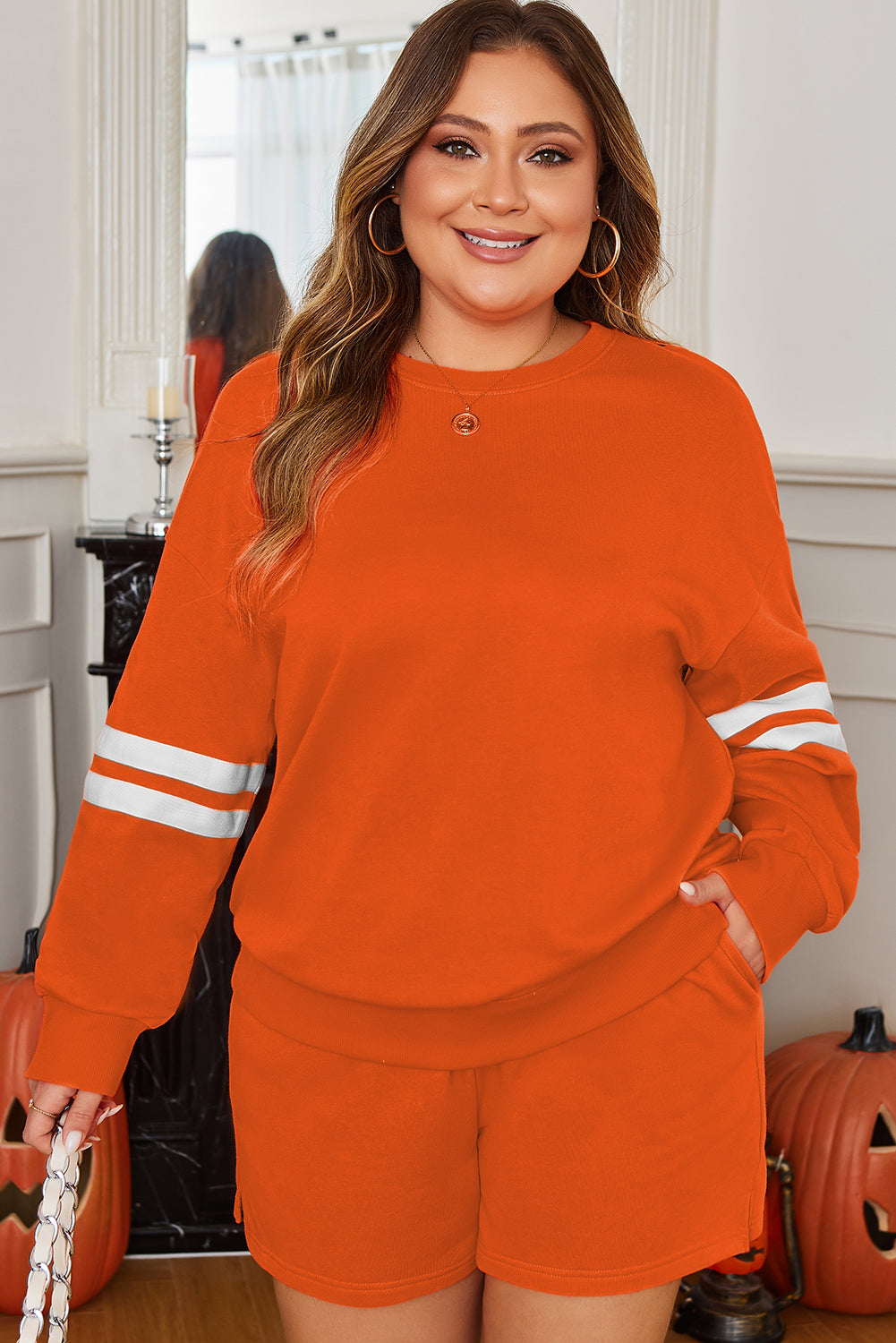 Orange Plus Size Varsity Striped Drop-Shoulder Pullover Drawstring Elastic Waistband Shorts Set