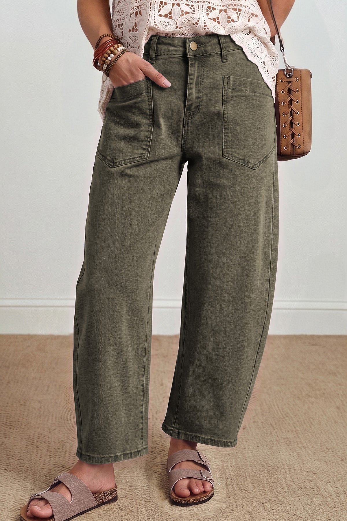 Four Leaf Clover Solid Square Patch Pocket Ankle-length Barrel Jeans