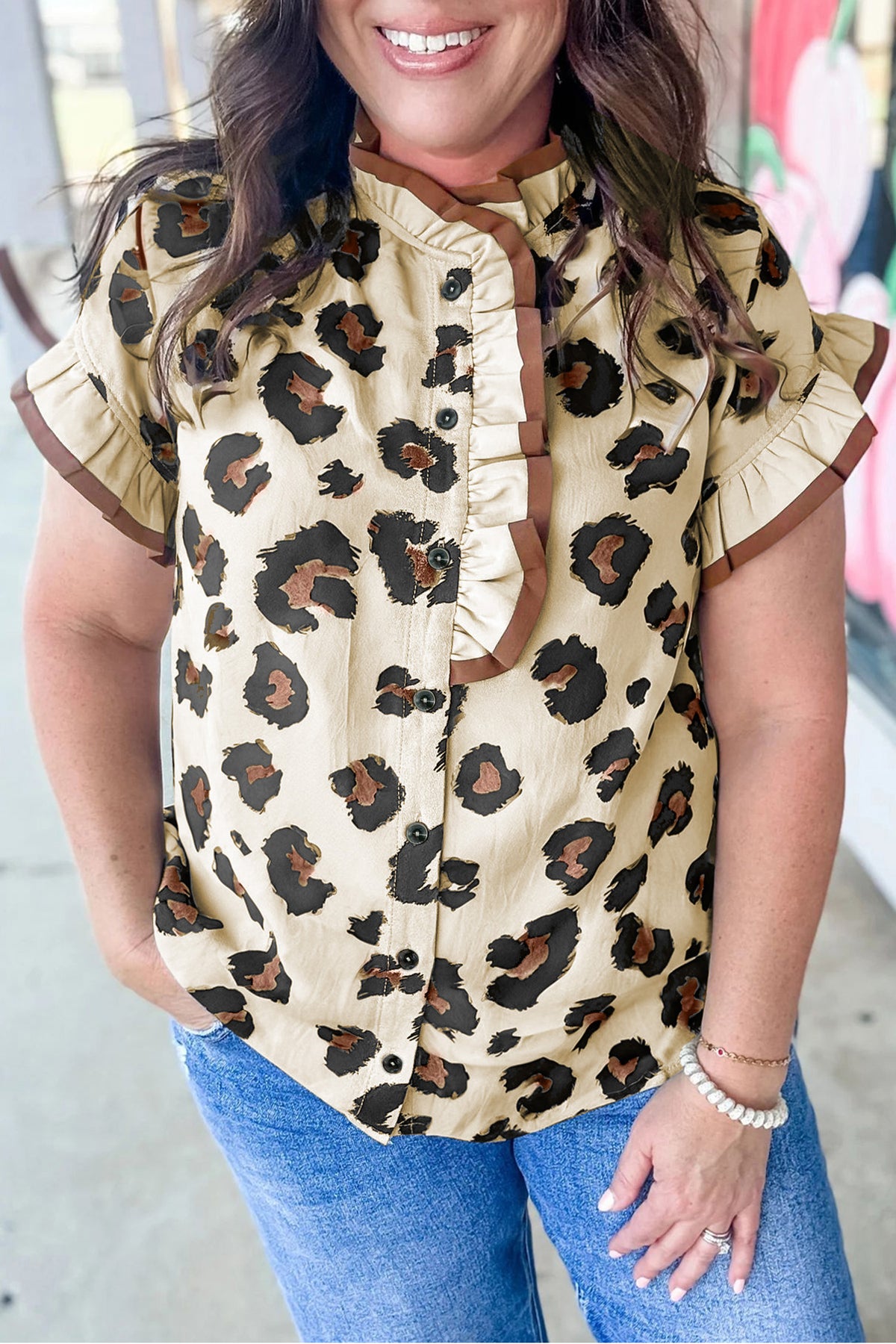Khaki Plus Size Leopard Print Frilled Color-Block Trim Button Down Short-Sleeve Blouse