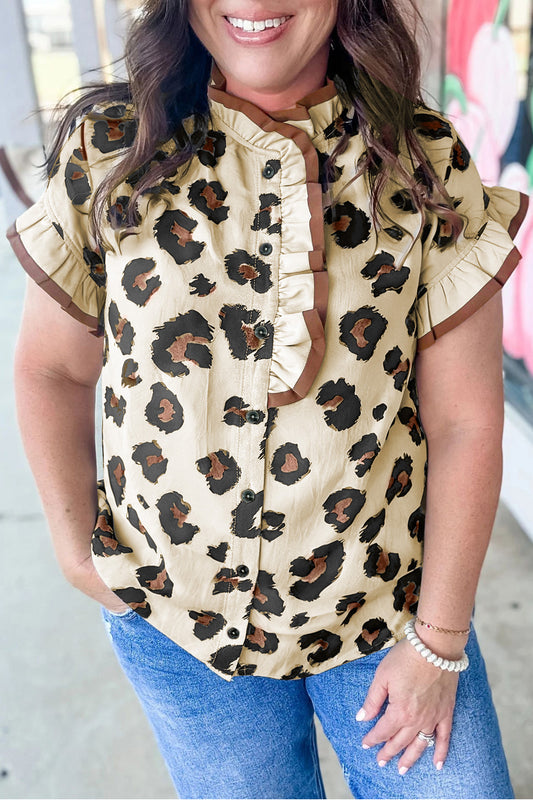 Khaki Plus Size Leopard Print Frilled Trim Button Blouse