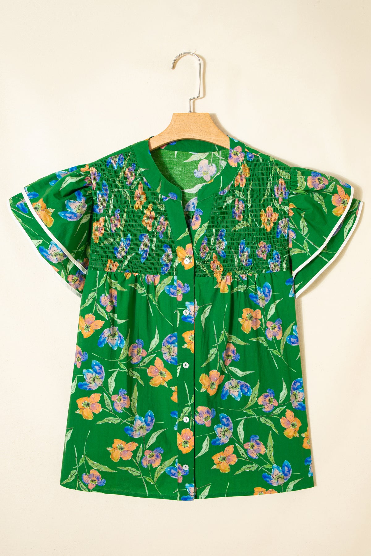 Green Plus Size Ruffled Short-Sleeve Floral Top