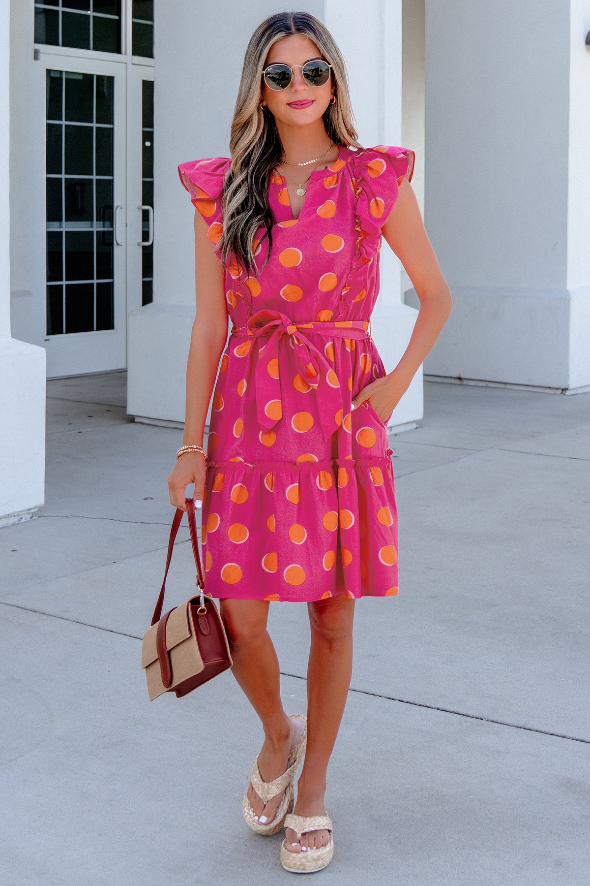 Rose Polka Dot Ruffle V-Neck Mini Dress