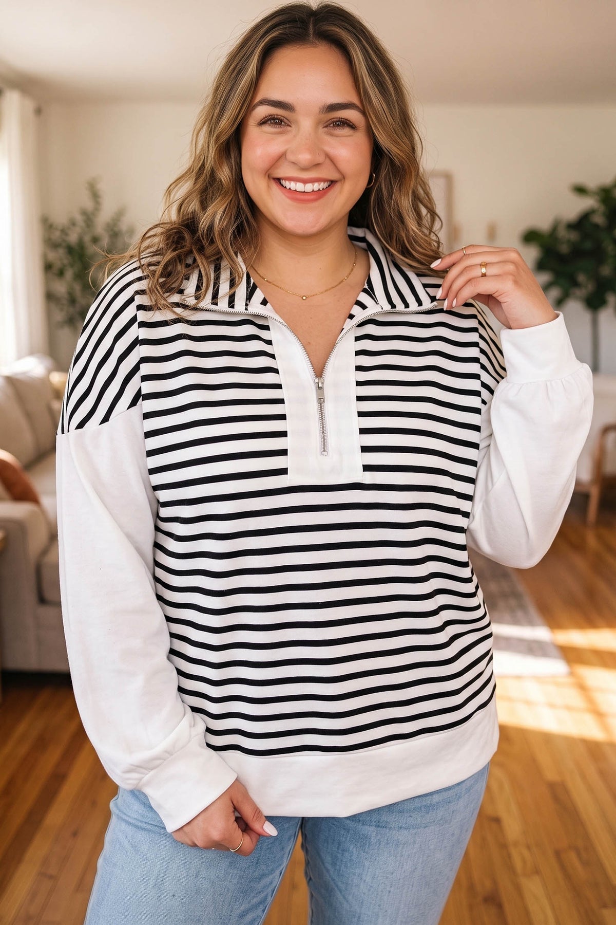 White Stripe Striped Color-Block V-Neck Long-Sleeve Shift Plus Size Blouse