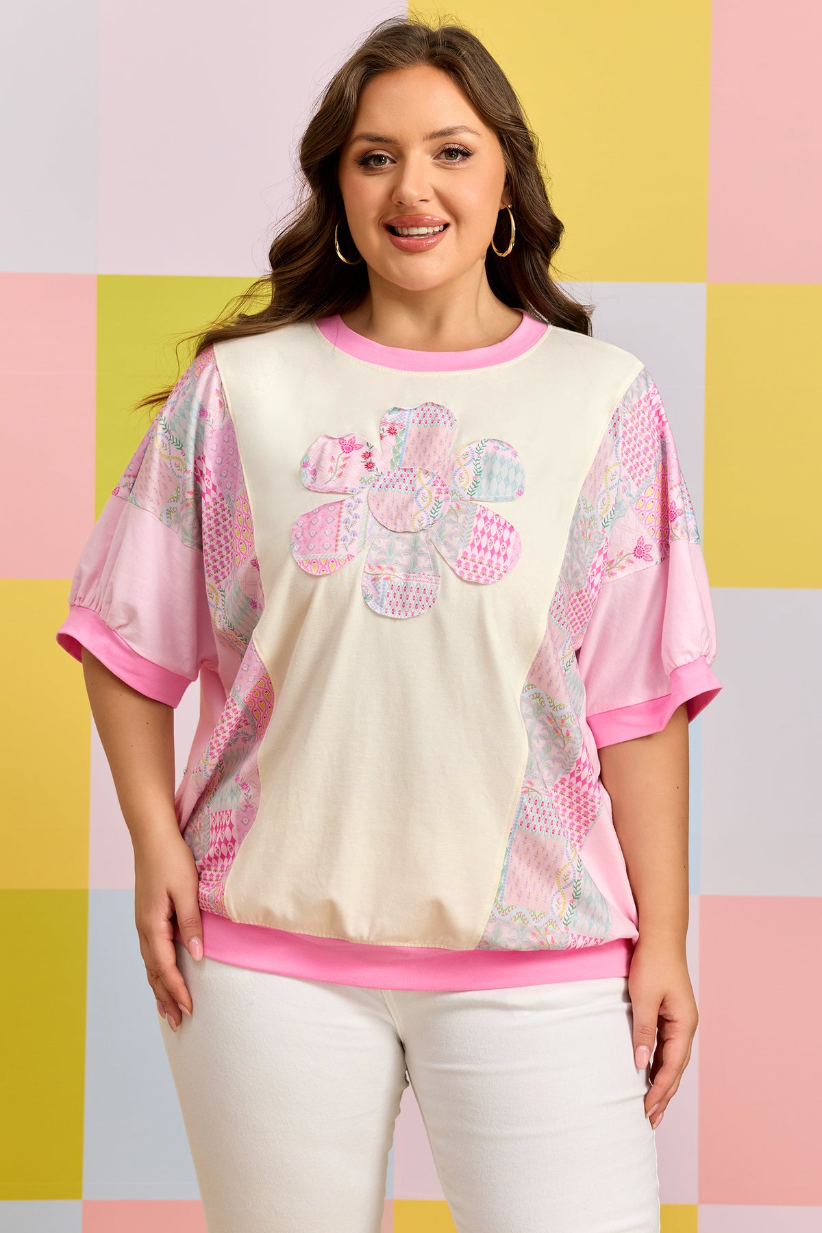 Beige Plus Size Floral Patchwork Short-Sleeve Patch Embroidery Cotton T-Shirt