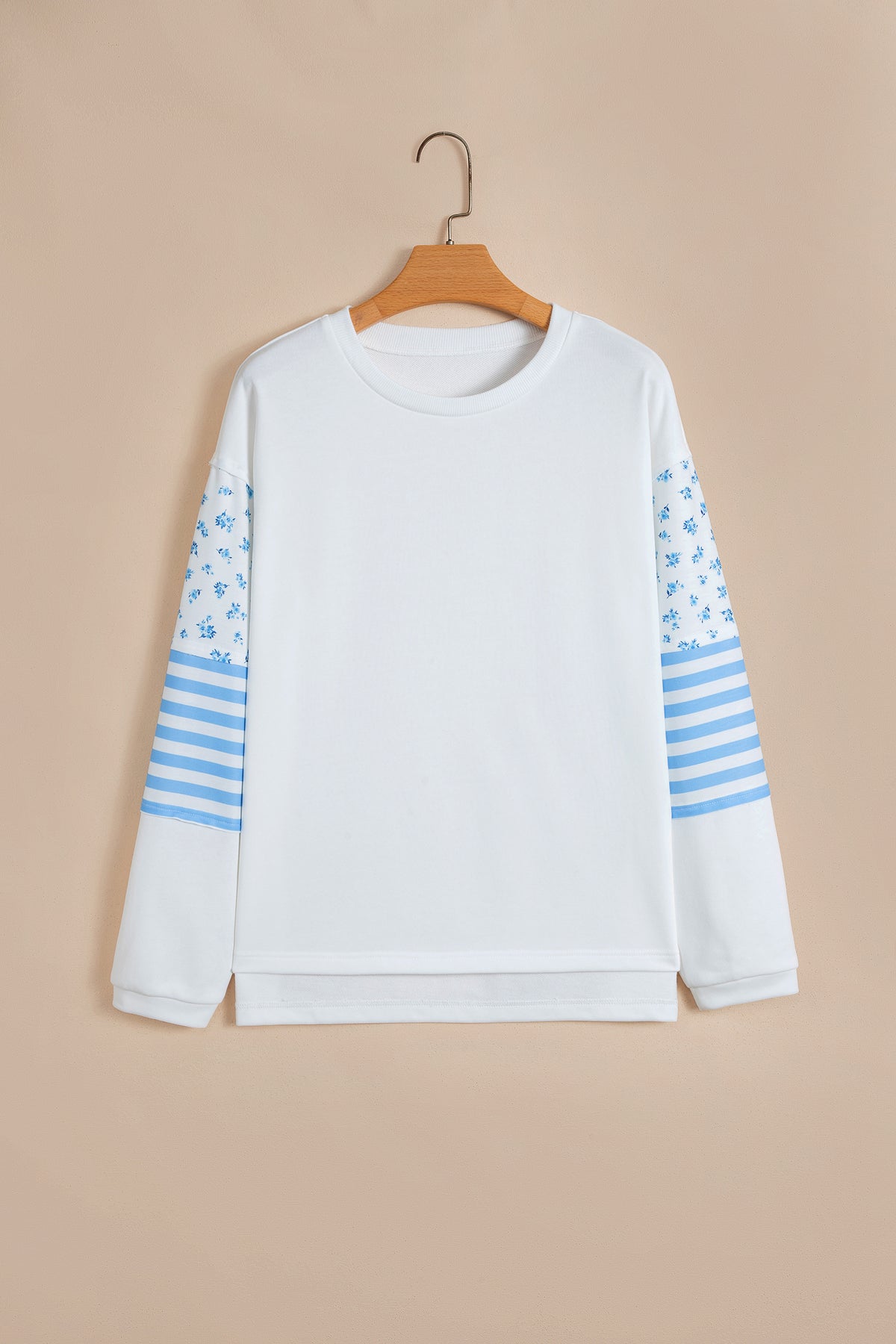 Beige Floral Striped Contrasted Pullover Top