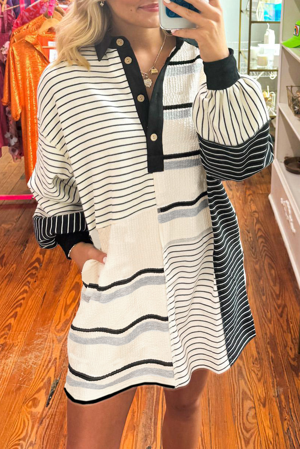 Black Stripe Colorblock Knit Henley Collar Shift Mini Dress