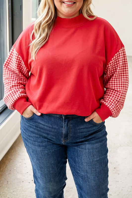Fiery Red Patchwork Plaid Fit Plus Size Sweatshirt