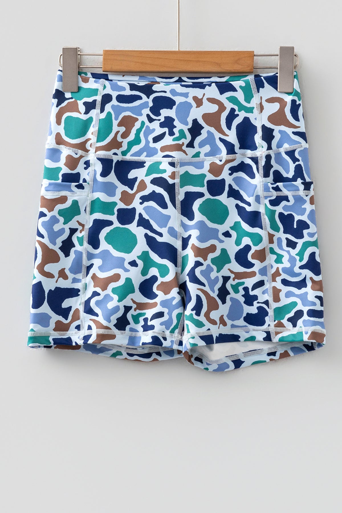 Sky Blue Abstract Camo Printed Seam Biker Shorts