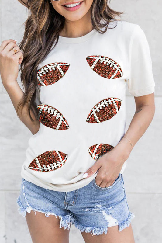 White Sequined Rugby Football Graphic Cotton T-Shirt