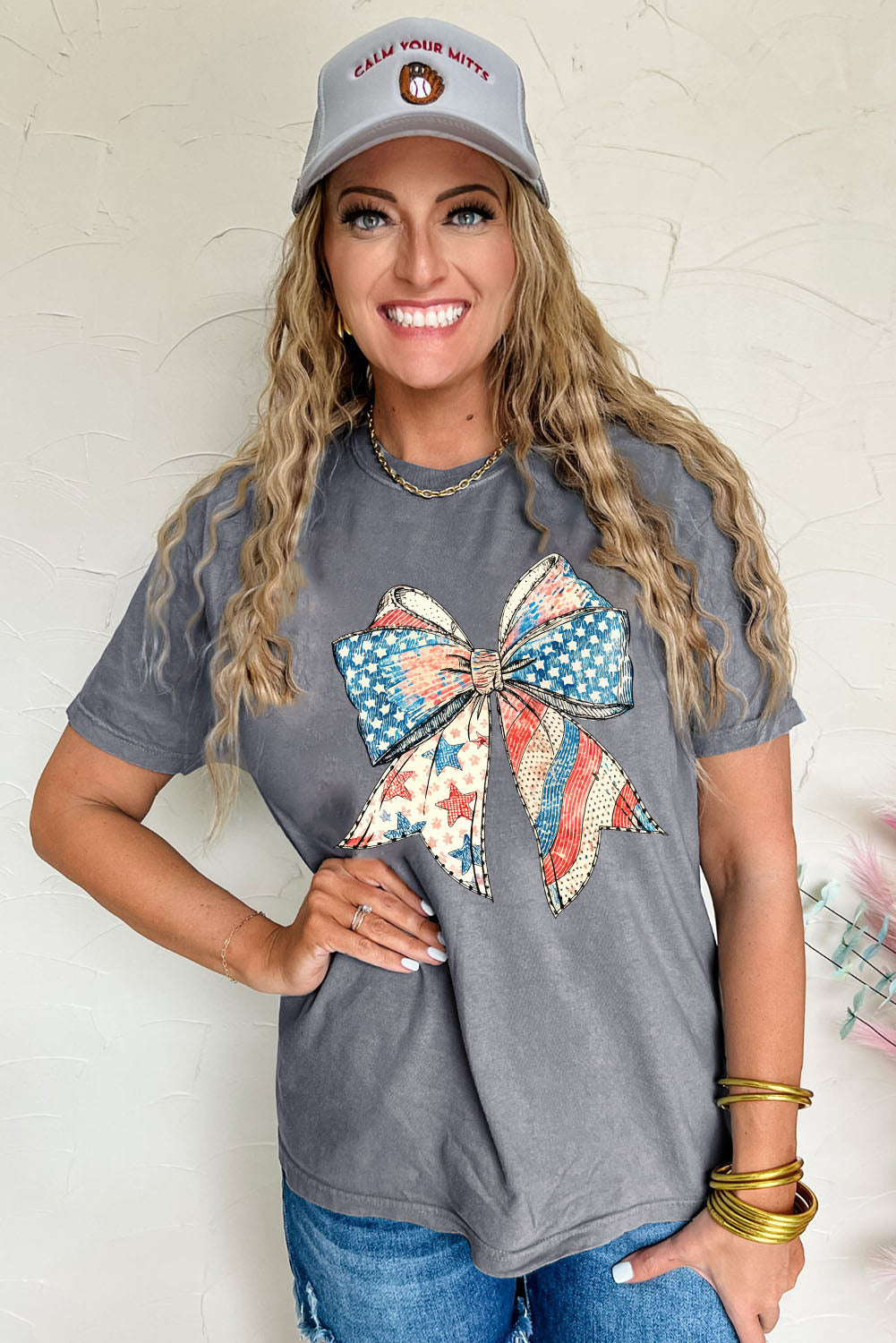 Gray US Flag Bow Print Round Neck Loose T-Shirt