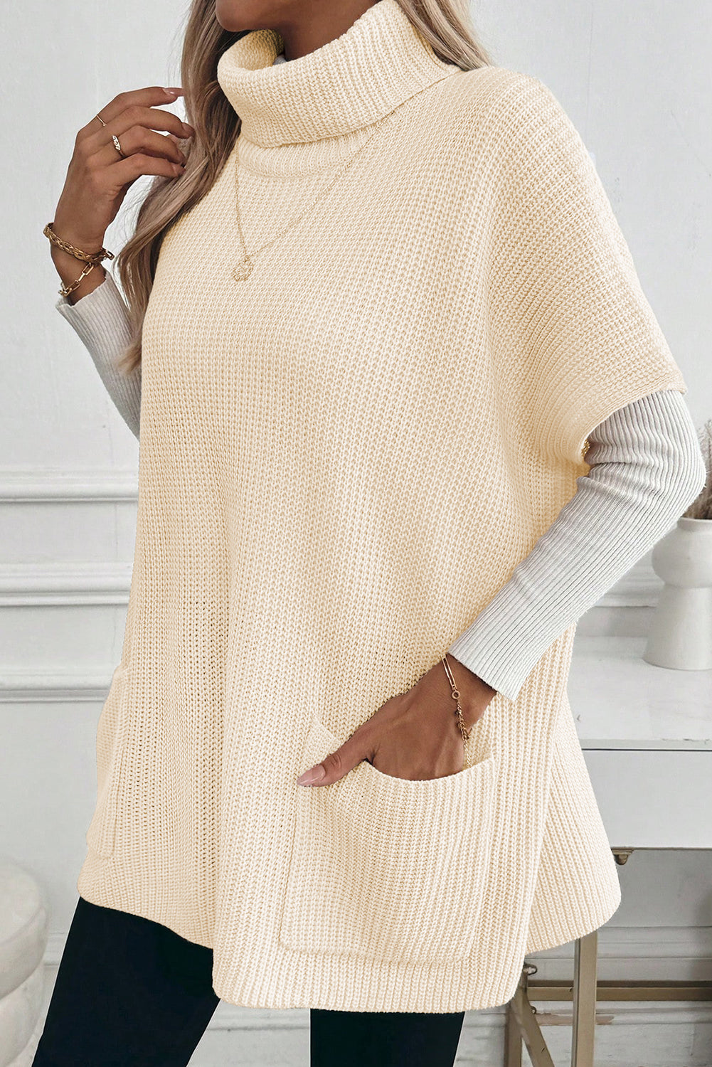 Jet Stream Plain Knit Turtleneck Short Sleeve Tunic Sweater with Pockets