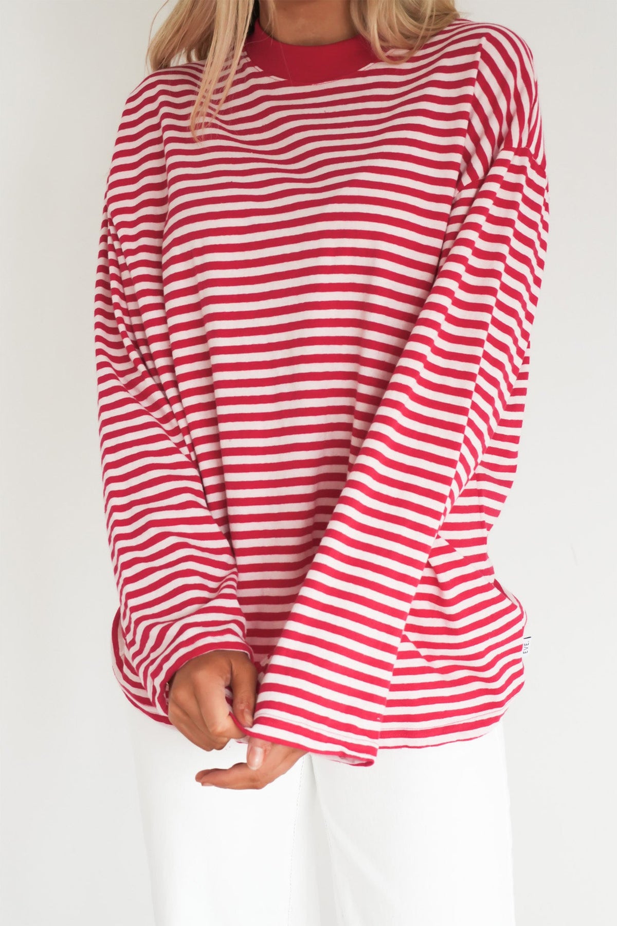 Red Stripe Oversized Round Neck Long Sleeve Top
