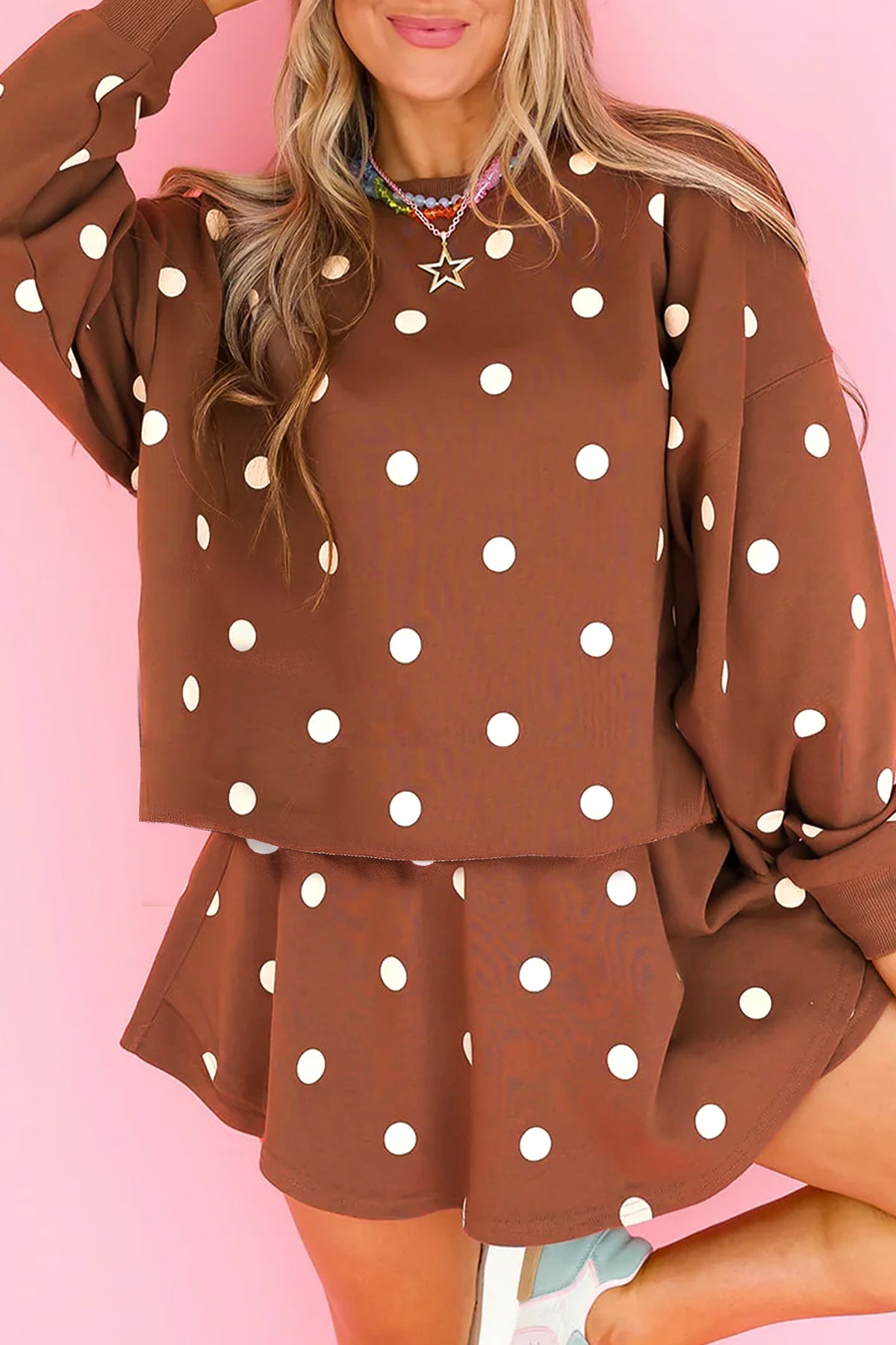 Women's Red Polka Dot Raw Hem Relaxed Pullover Loose Skort Two-Piece Set