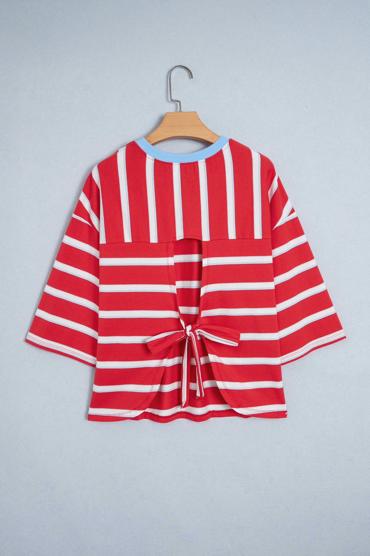 Racing Red Striped Bow Tie Hollowed Back 7/8 Sleeve T-Shirt