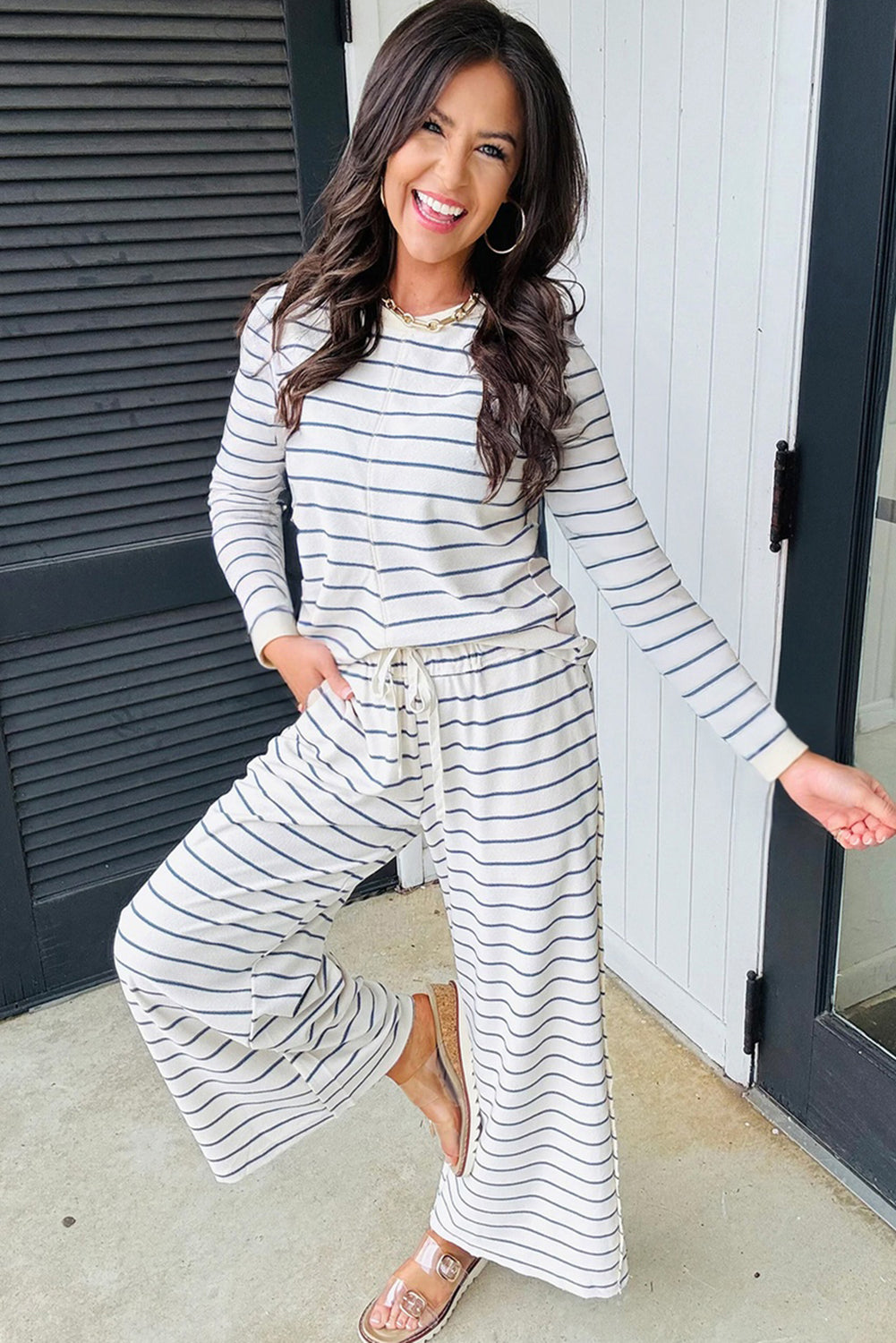 Women's Sail Blue Striped Long-Sleeve Top Wide Leg Pants Two-Piece Outfit Set