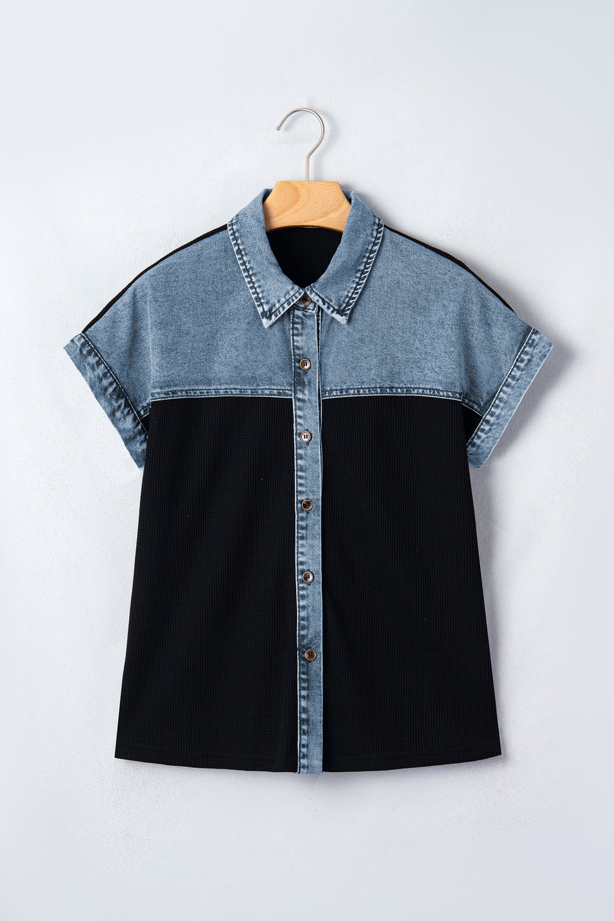Black Textured Knit Denim Color Block Patchwork Collar Shirt