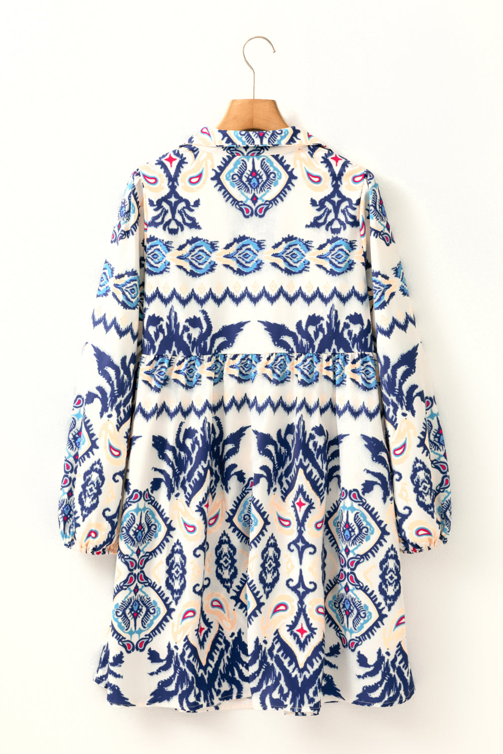 Blue Ethnic Print Striped Split Neck Long Sleeve Flowy Mini Dress
