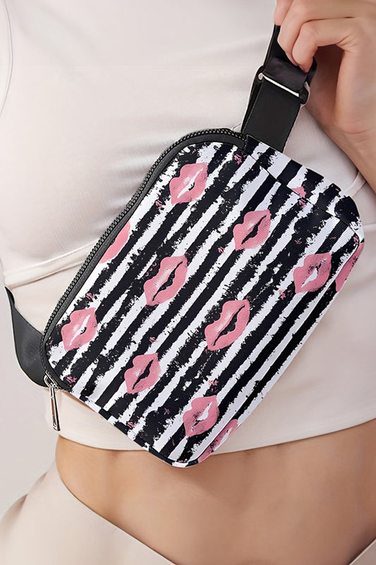 Black Vintage Dyed Stripes Kiss Lips Printed Crossbody Bag