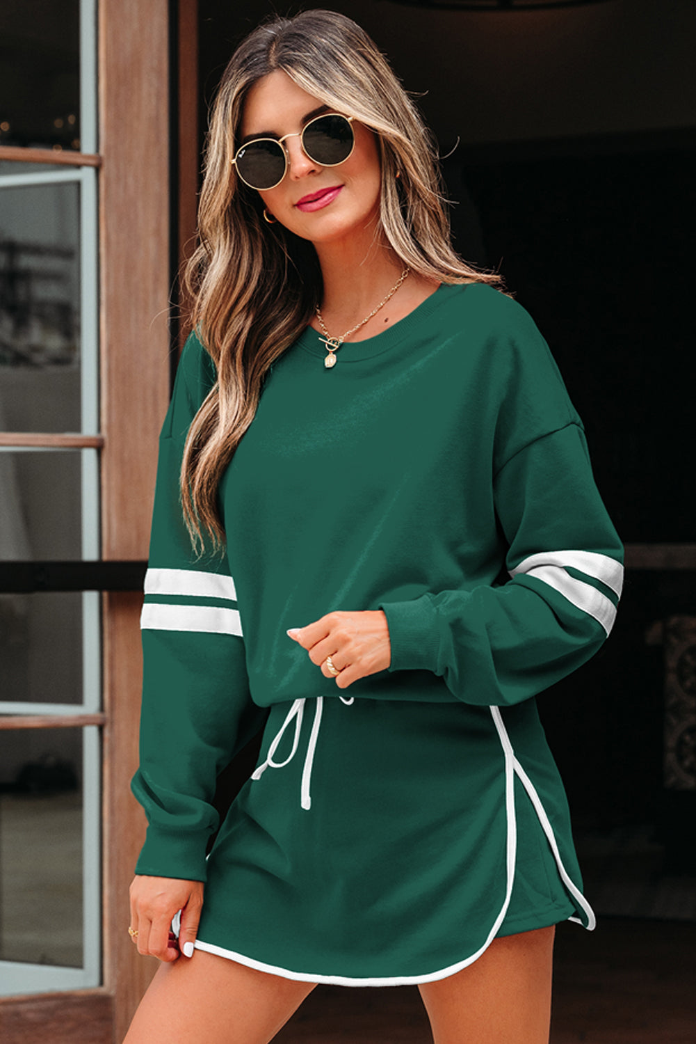 Women's Tillandsia Purple Varsity Stripe Detail Drop Shoulder Pullover Mini Skort Two-Piece Set