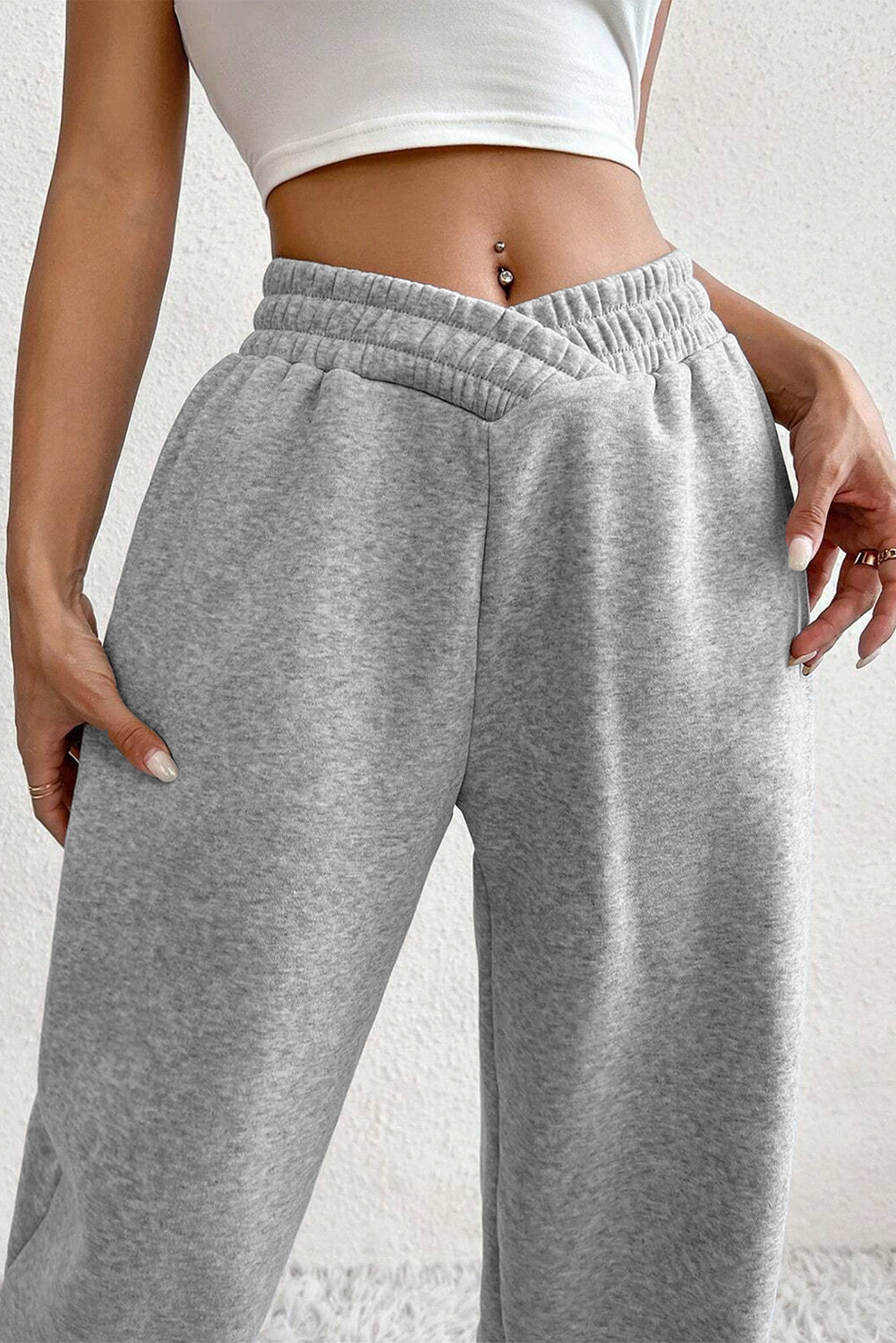 Light Grey Solid Crisscross Elastic Waist Sweatpants