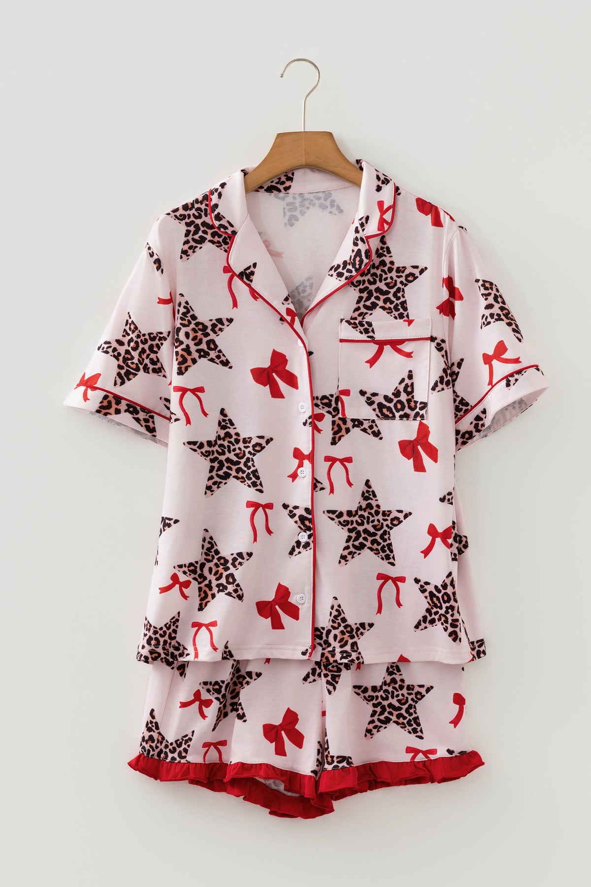 White Leopard Star Ribbon Bow Print Short Pajama Set