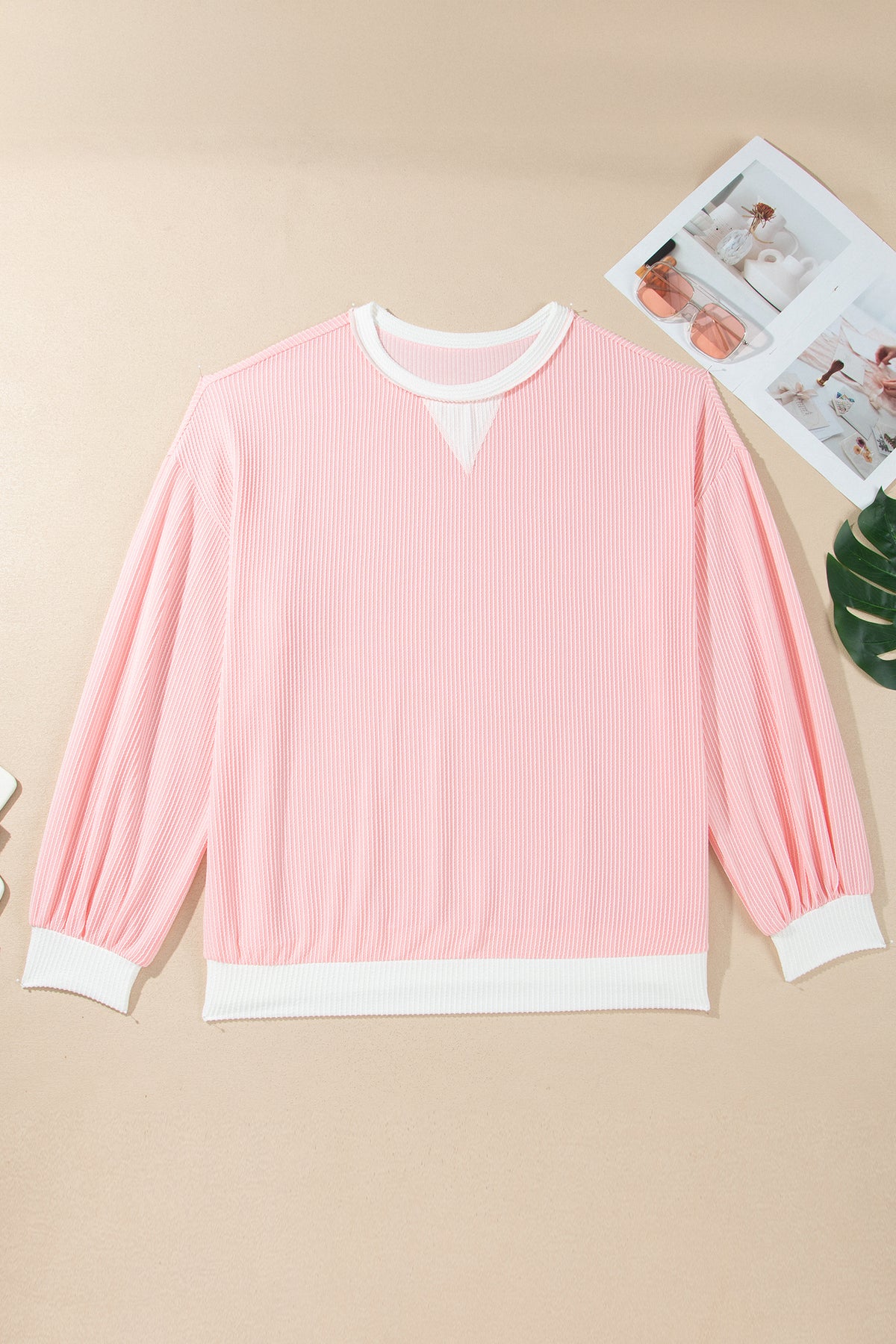 Pink Ribbed Knit Color-Block Long-Sleeve Round-Neck Plus Size Blouse