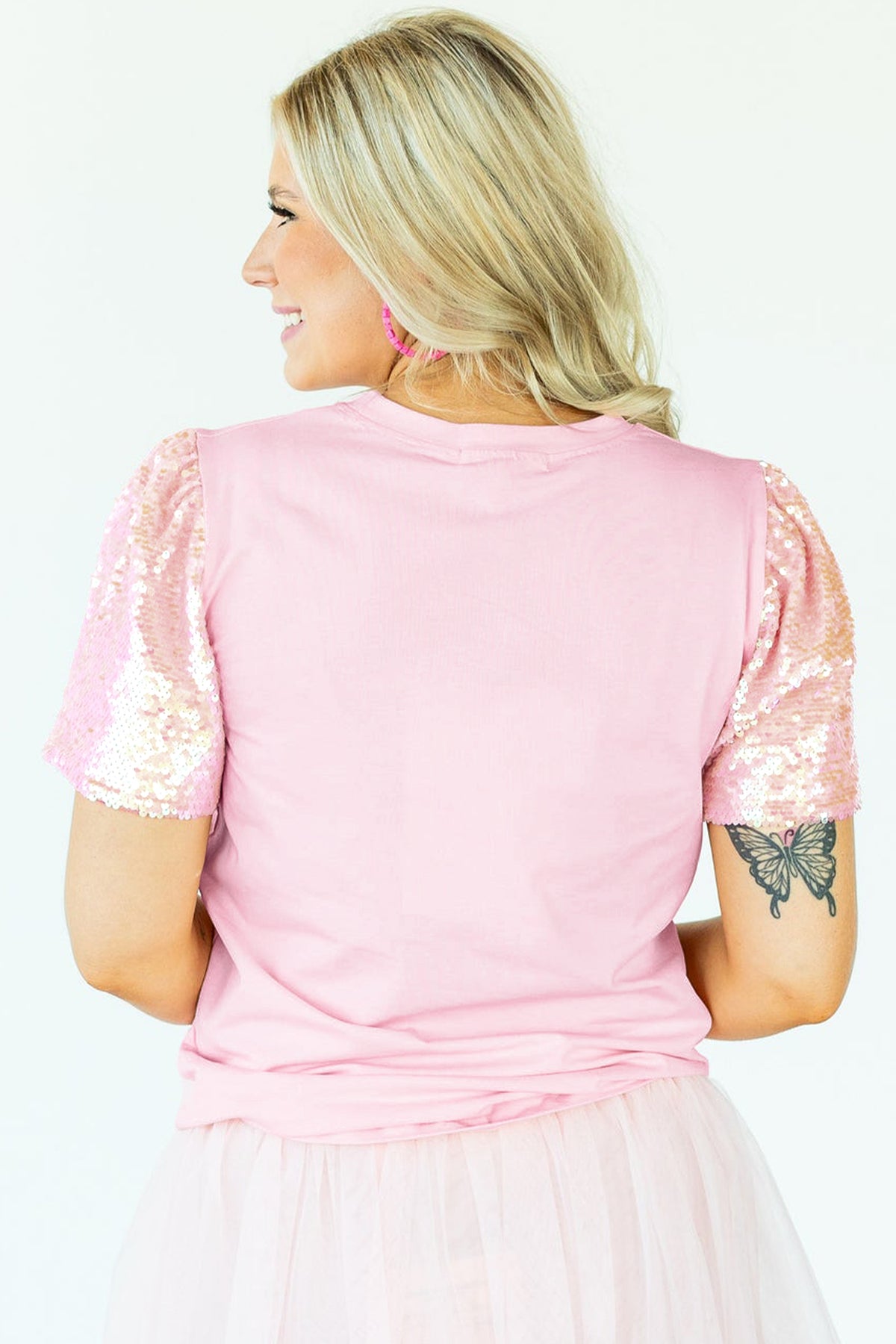 Light Pink Three Hearts Sequin Trim Contrast Sleeve Patchwork Tee