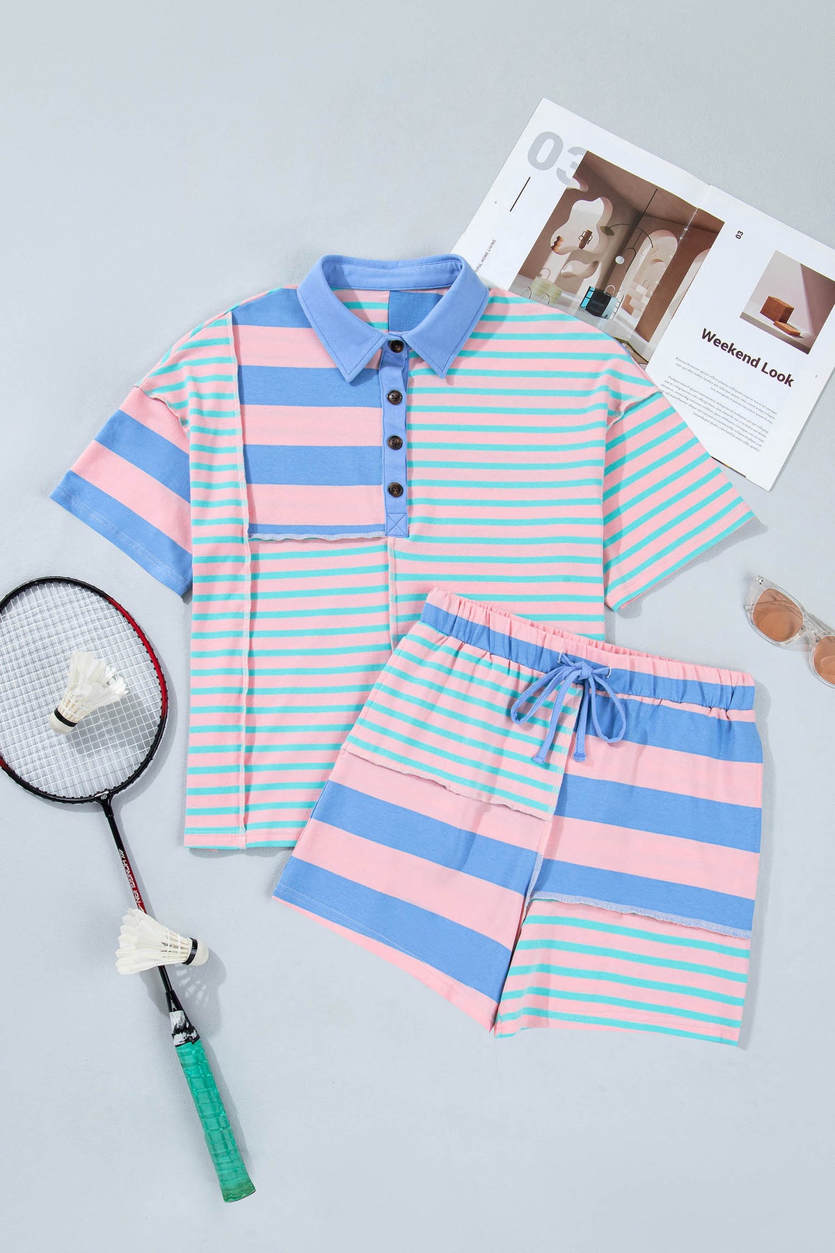Women's Pink Stripe Exposed Seam Mixed Patchwork Shorts Two-Piece Set