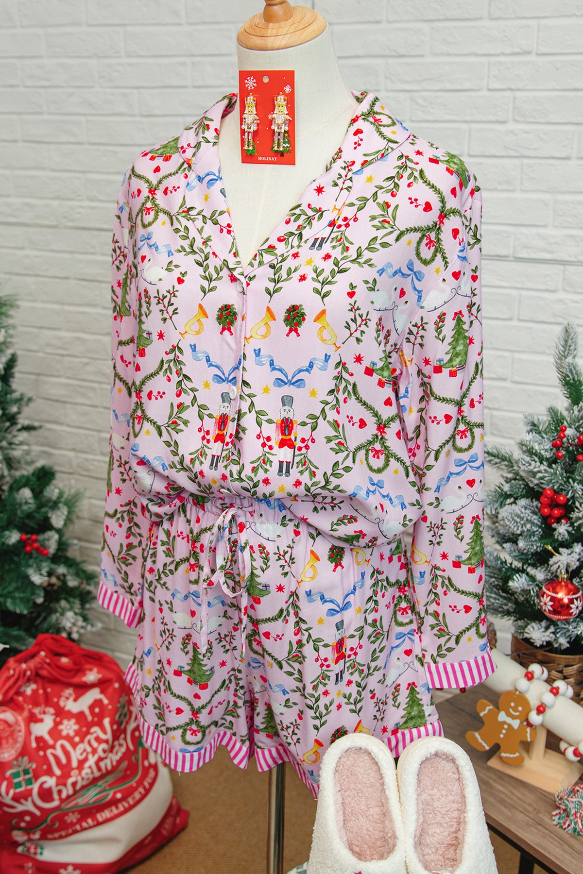 Pink Nutcracker Christmas Print Long Sleeve Shorts Pajama Set