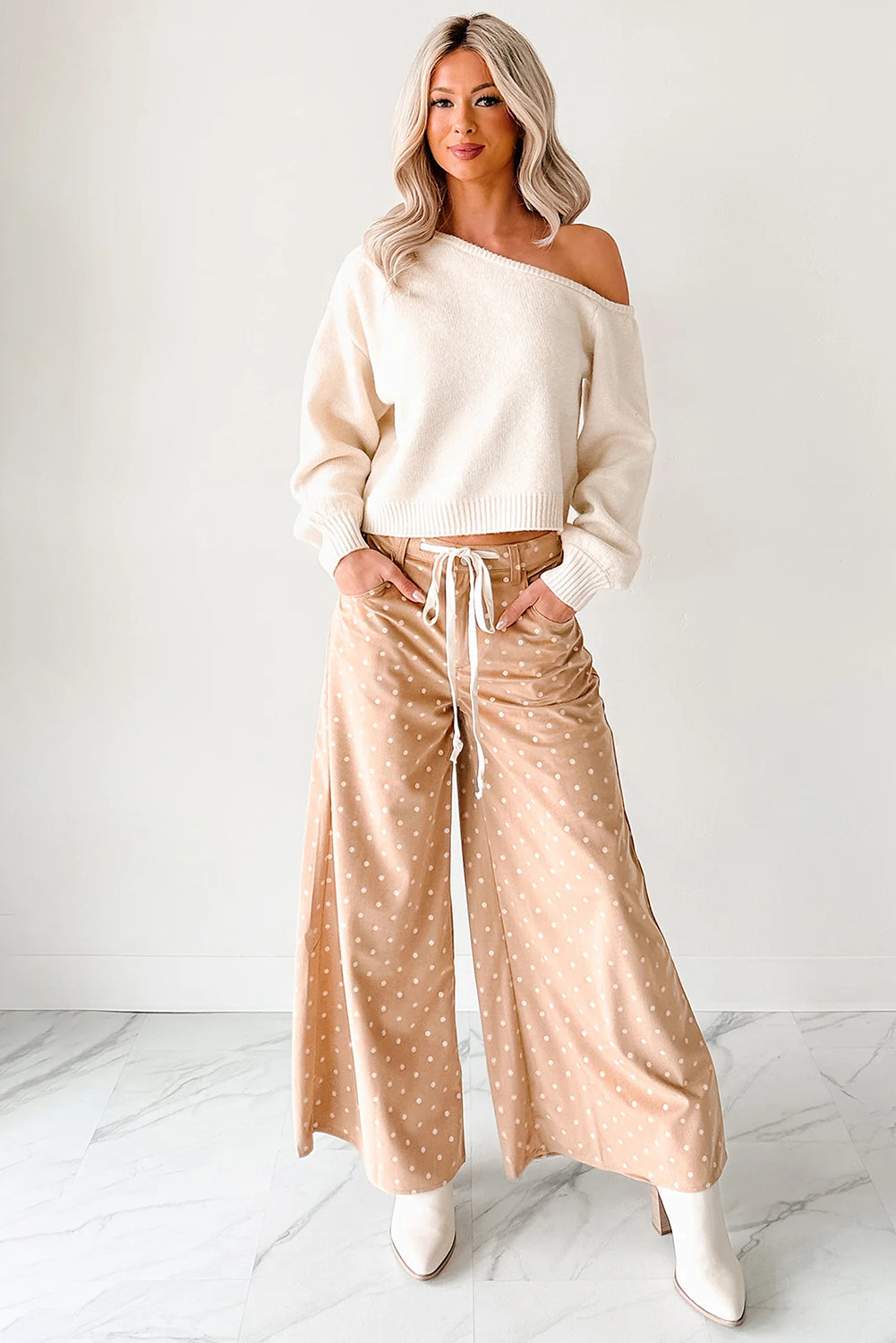 Khaki Polka Dot Print Drawstring Wide Leg Pants
