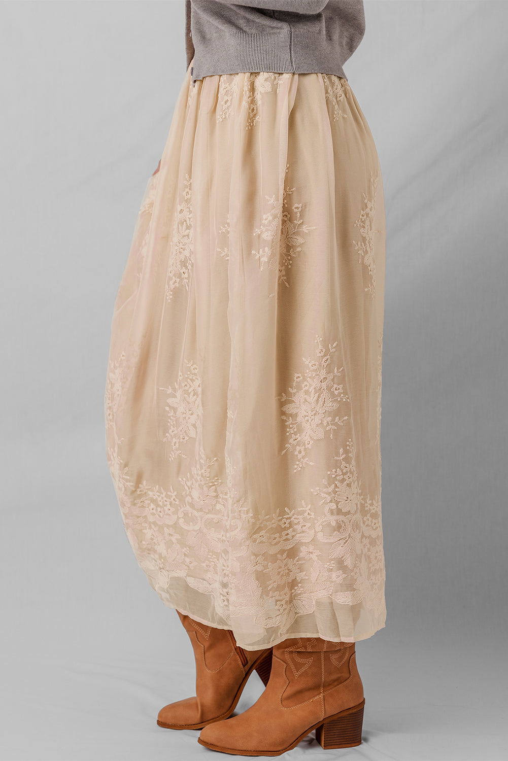 Oatmeal Embroidered Mesh Overlay Flowy Long Skirt