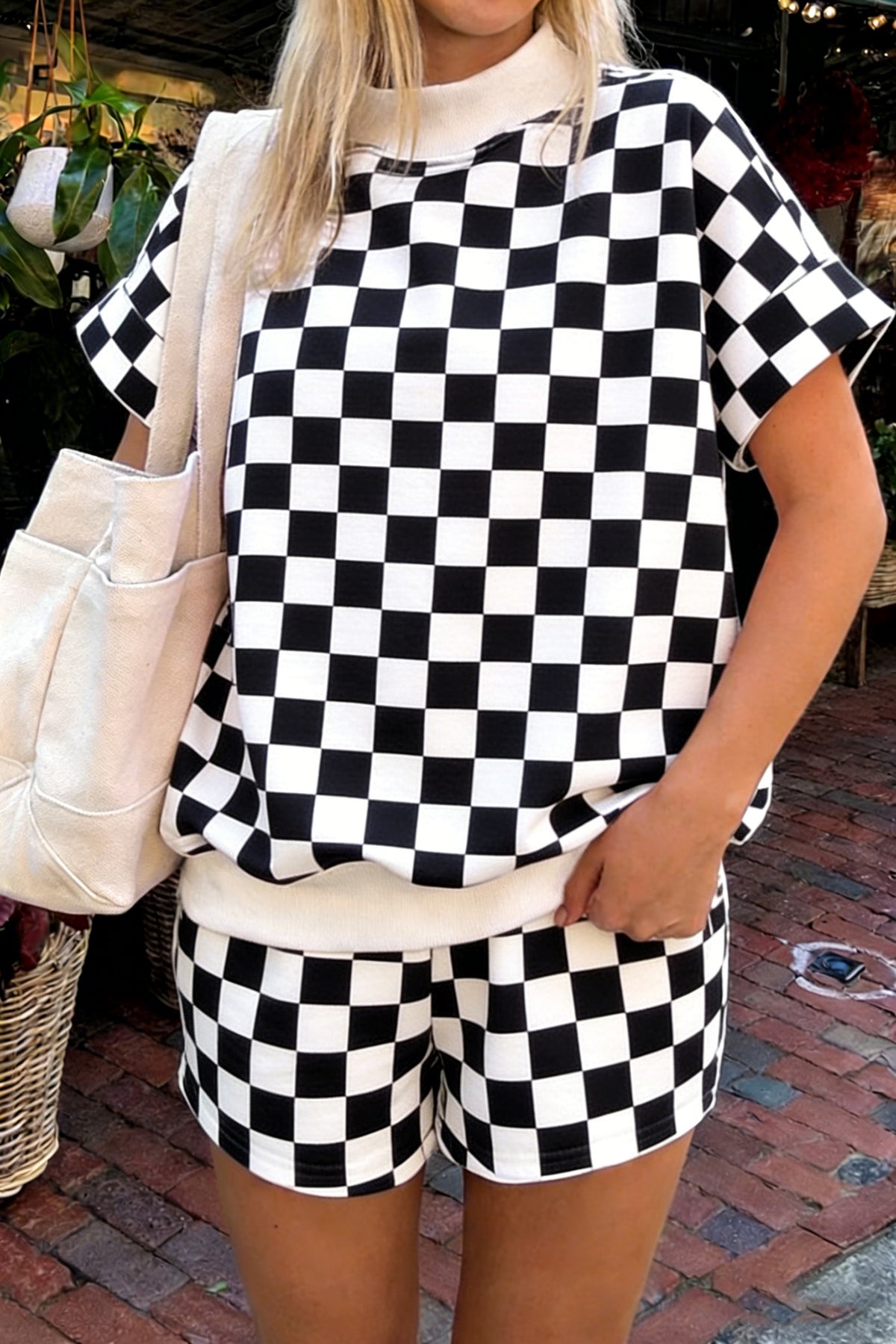 Women's Pink Checkered Print Color Block Trim Mock Neck Shorts Two-Piece Set