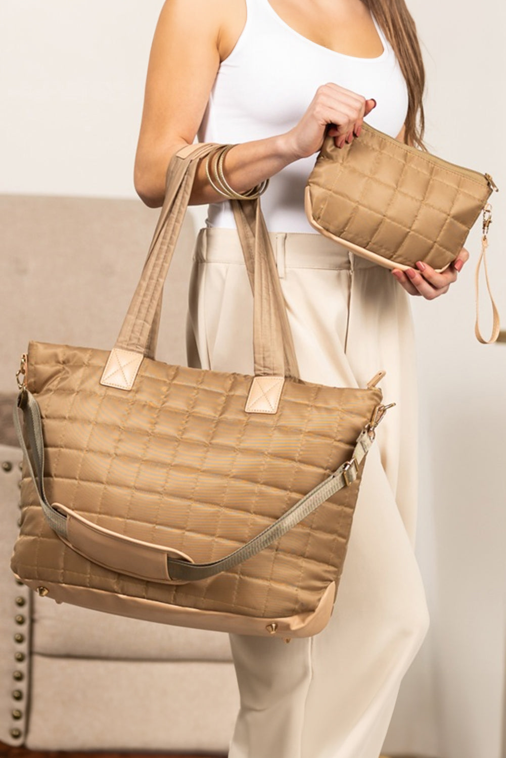 Black Quilted Patchwork Large Tote Bag and Clutch Set