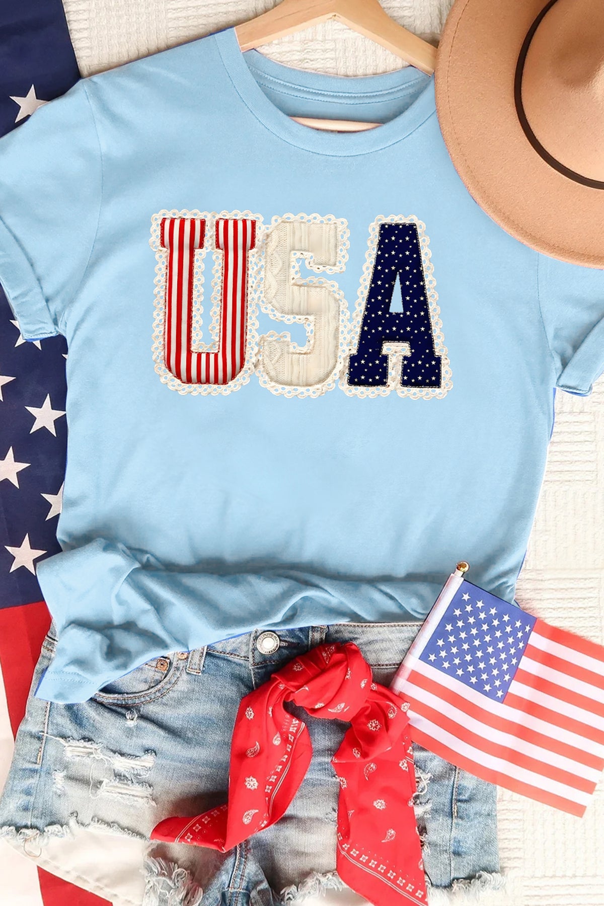Light Blue USA Patriotic Printed T-Shirt
