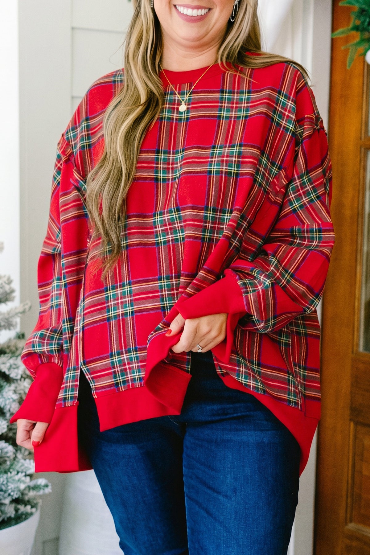 Red Plus Size Festive Plaid Split Tunic Sweatshirt