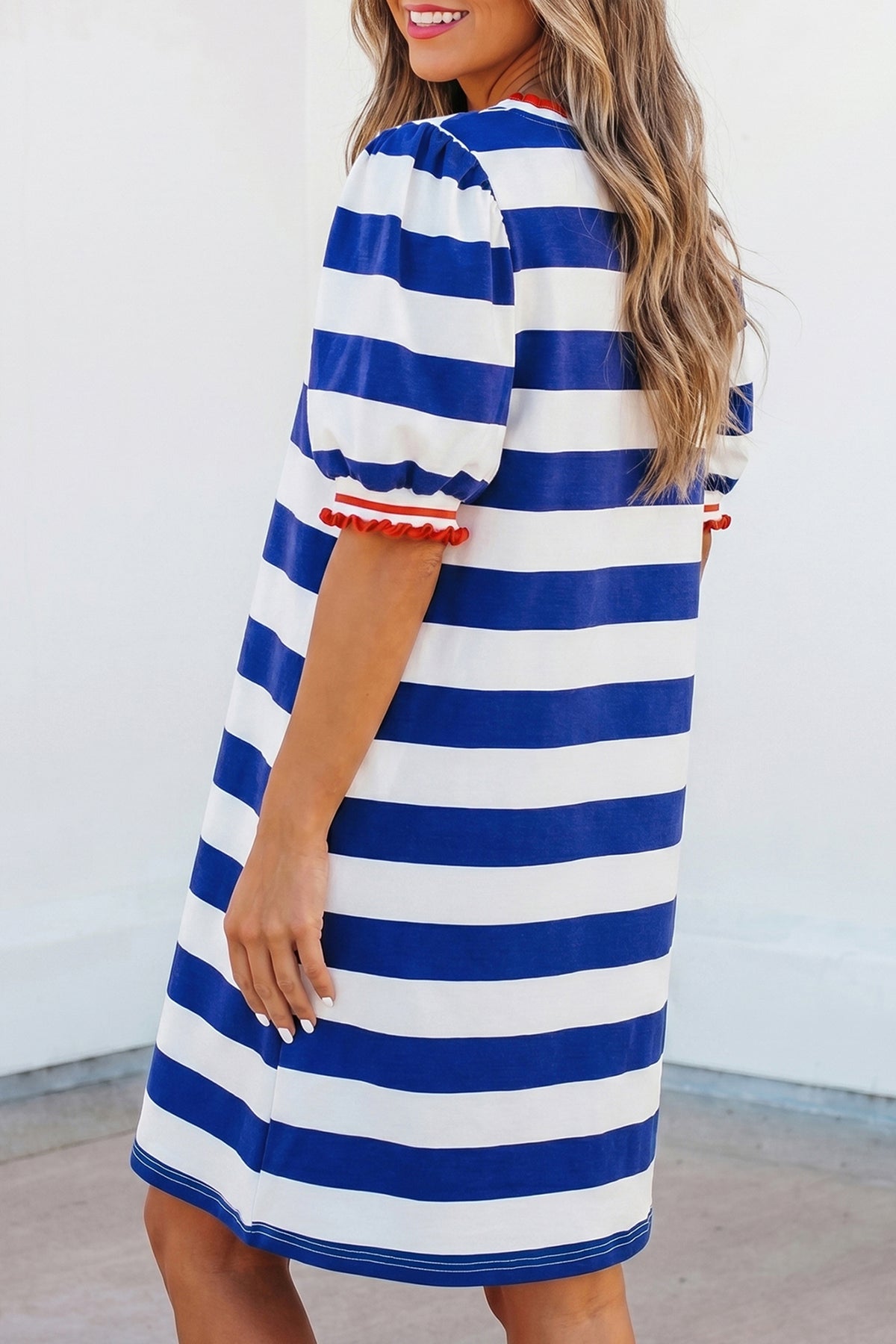 Blue Stripe Round Neck Short Puff Sleeve Shift Mini Dress