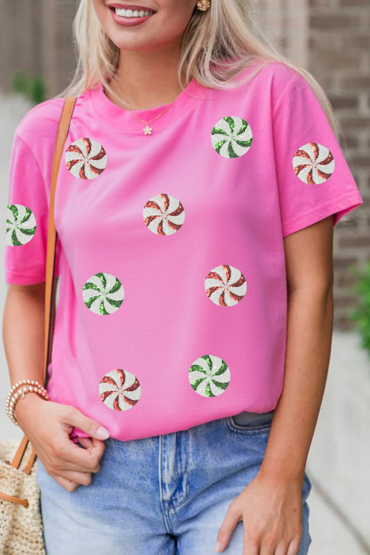 Sachet Pink Sequined Peppermint Pattern Christmas Custom T-Shirt