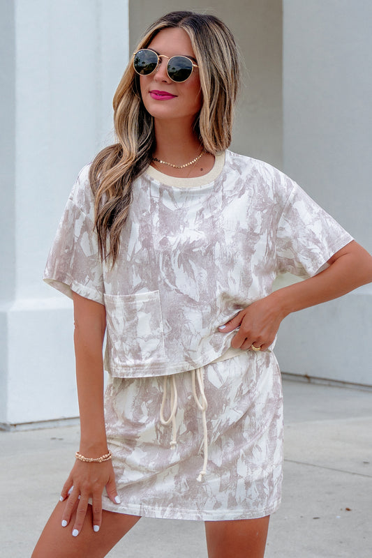 Gray Woodland Camo Print Raw Edge Cropped Top Skort Set
