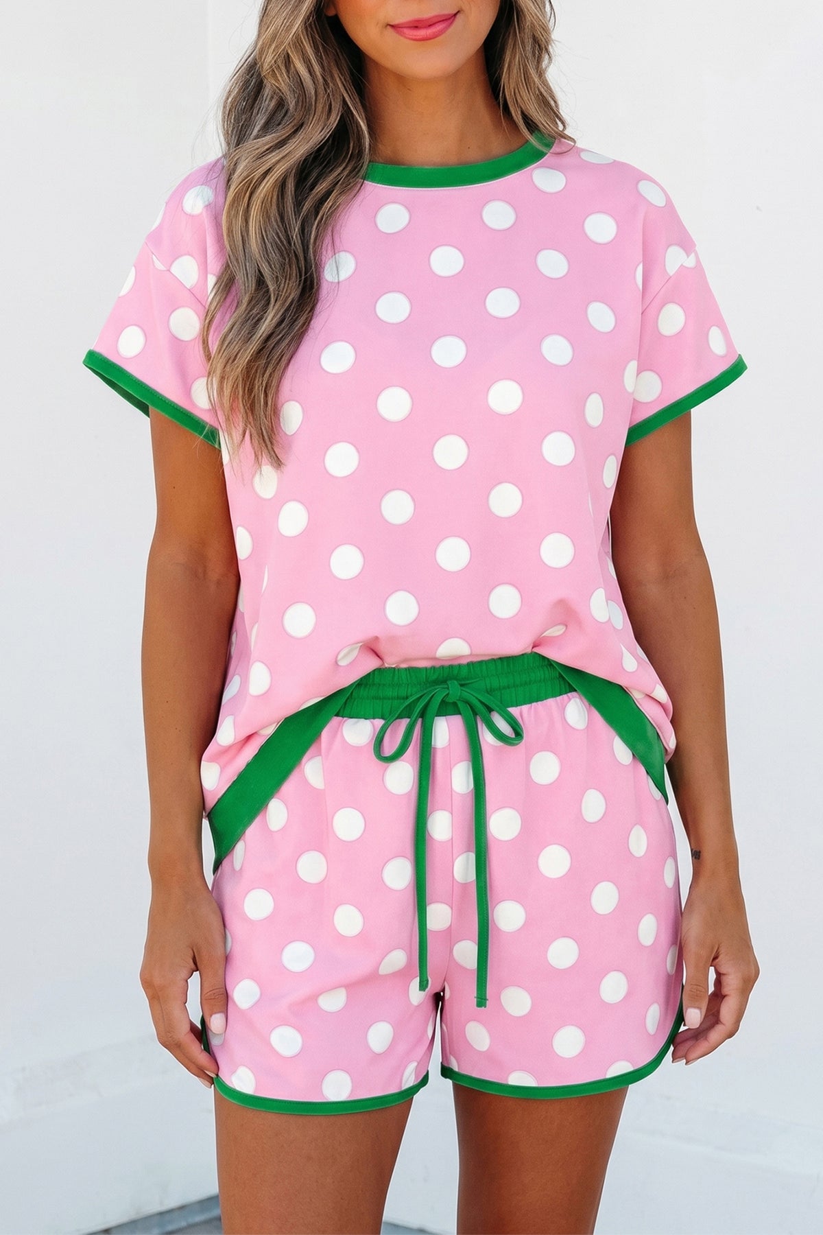 Women's Pink Polka Dot Contrast Edge Shorts Two-Piece Set
