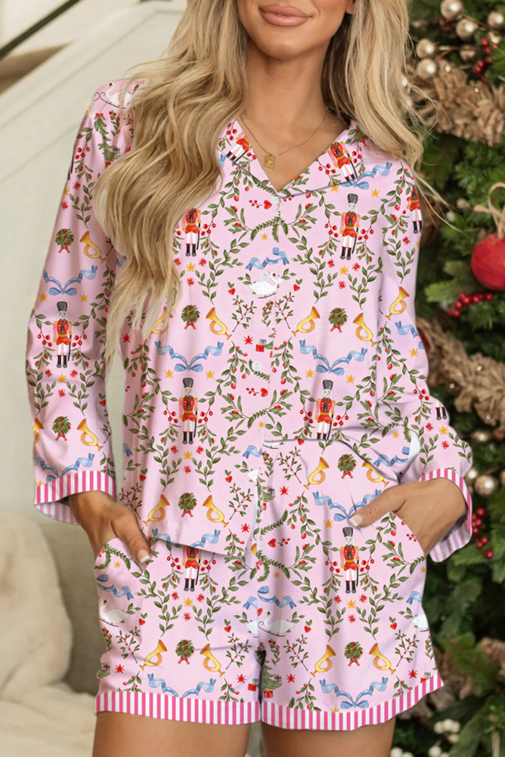 Pink Nutcracker Christmas Print Long Sleeve Shorts Pajama Set
