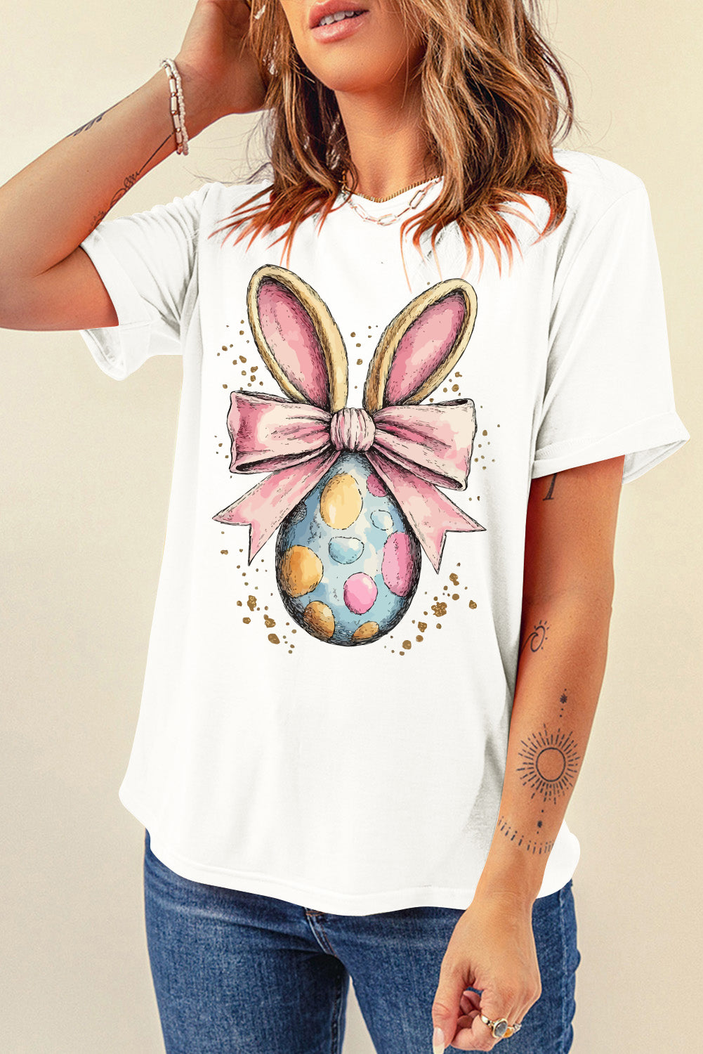 White Easter Egg Bow Bunny Ear Printed T-Shirt