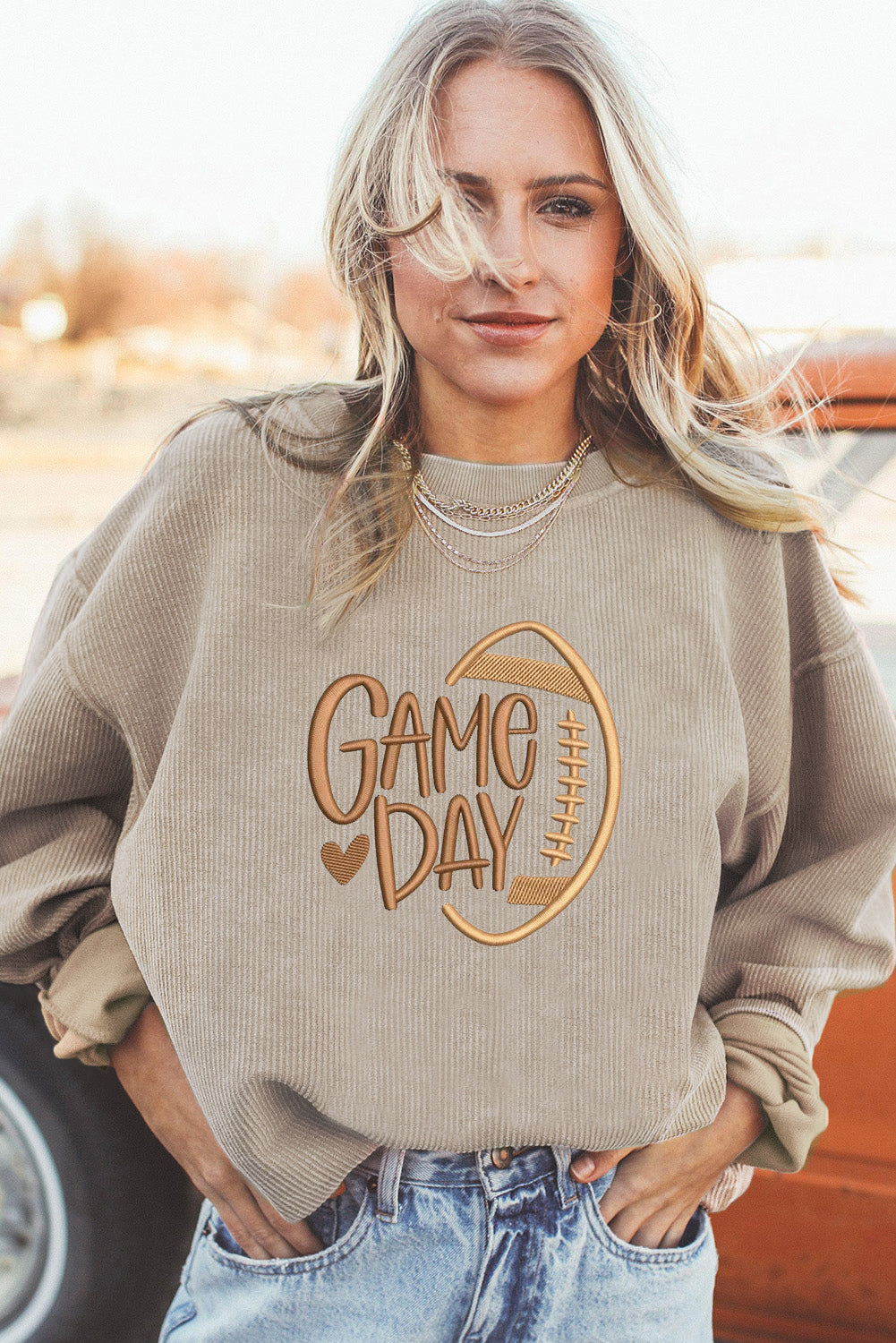 Smoke Gray Twisted Rib Texture game day Rugby Embroidered Baggy Sweatshirt