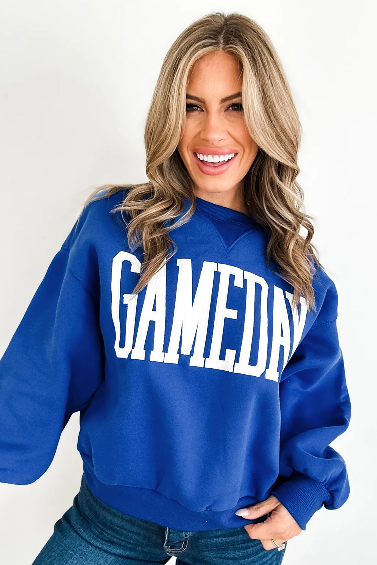 Sky Blue GAMEDAY Embroidered Patch Pattern Shift Sweatshirt