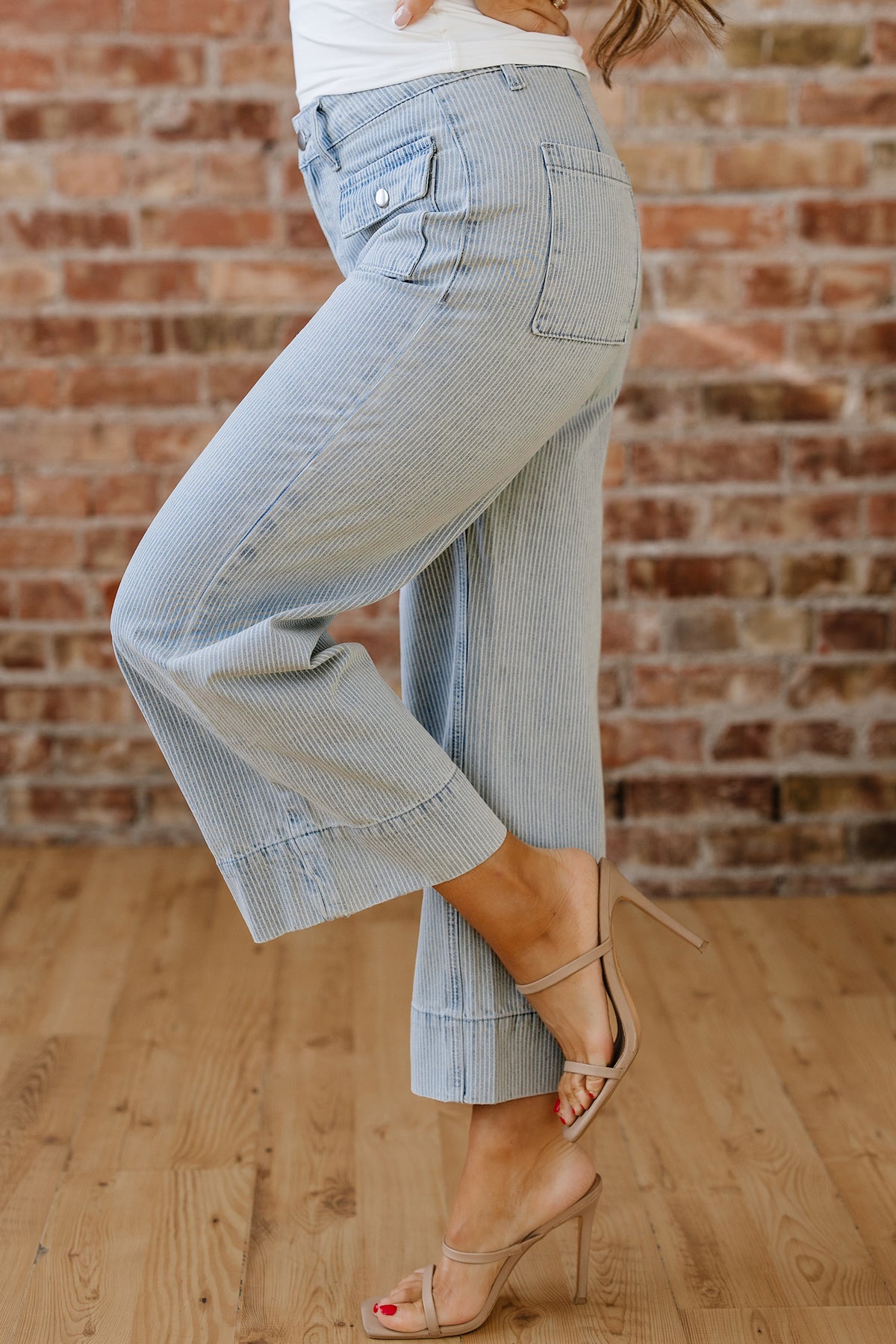 Sky Blue Stripe Button Flap Pocket Cuffed Hem Wide Leg Jeans