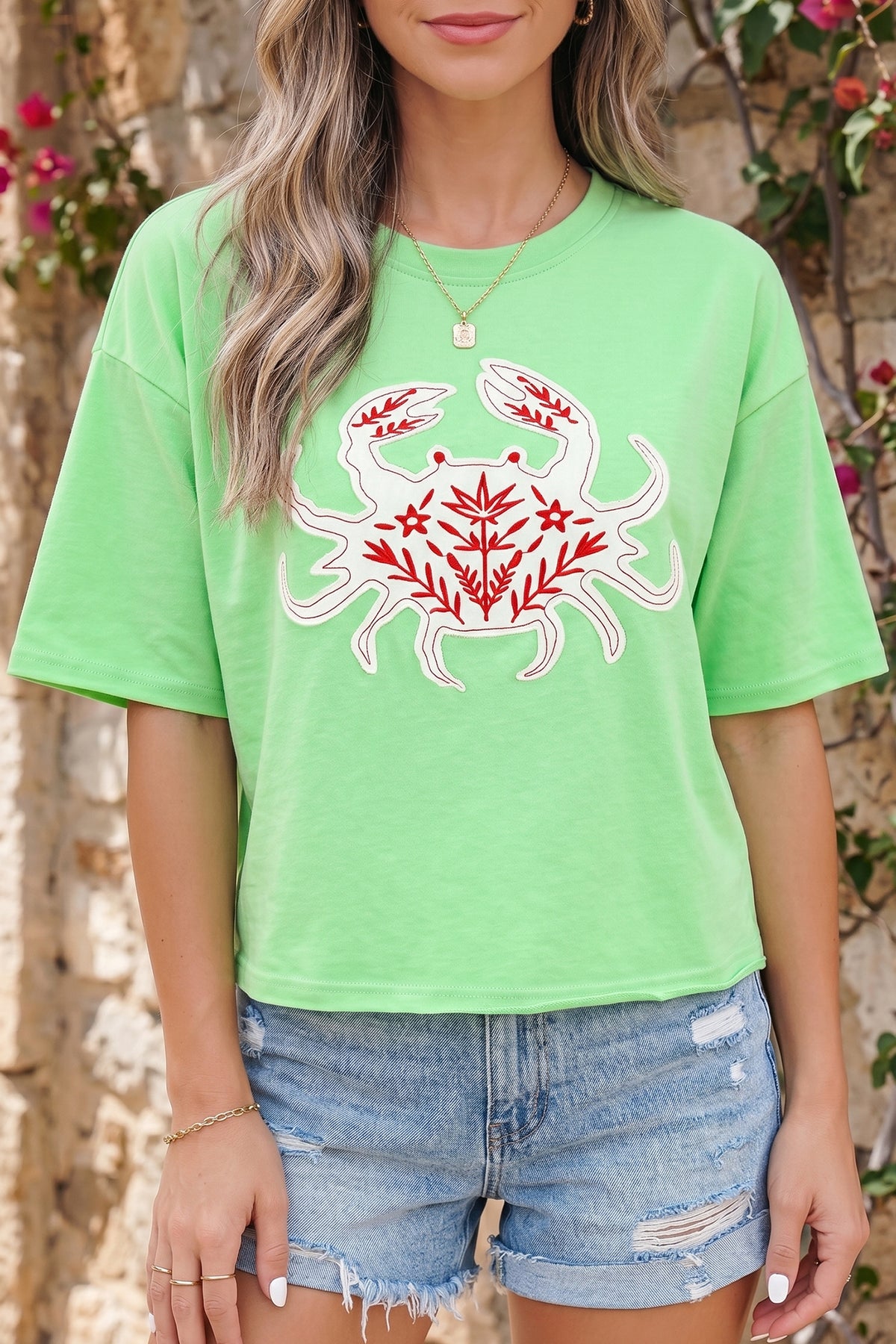 Bright Green Crab Embroidered Patch Round Neck Tee