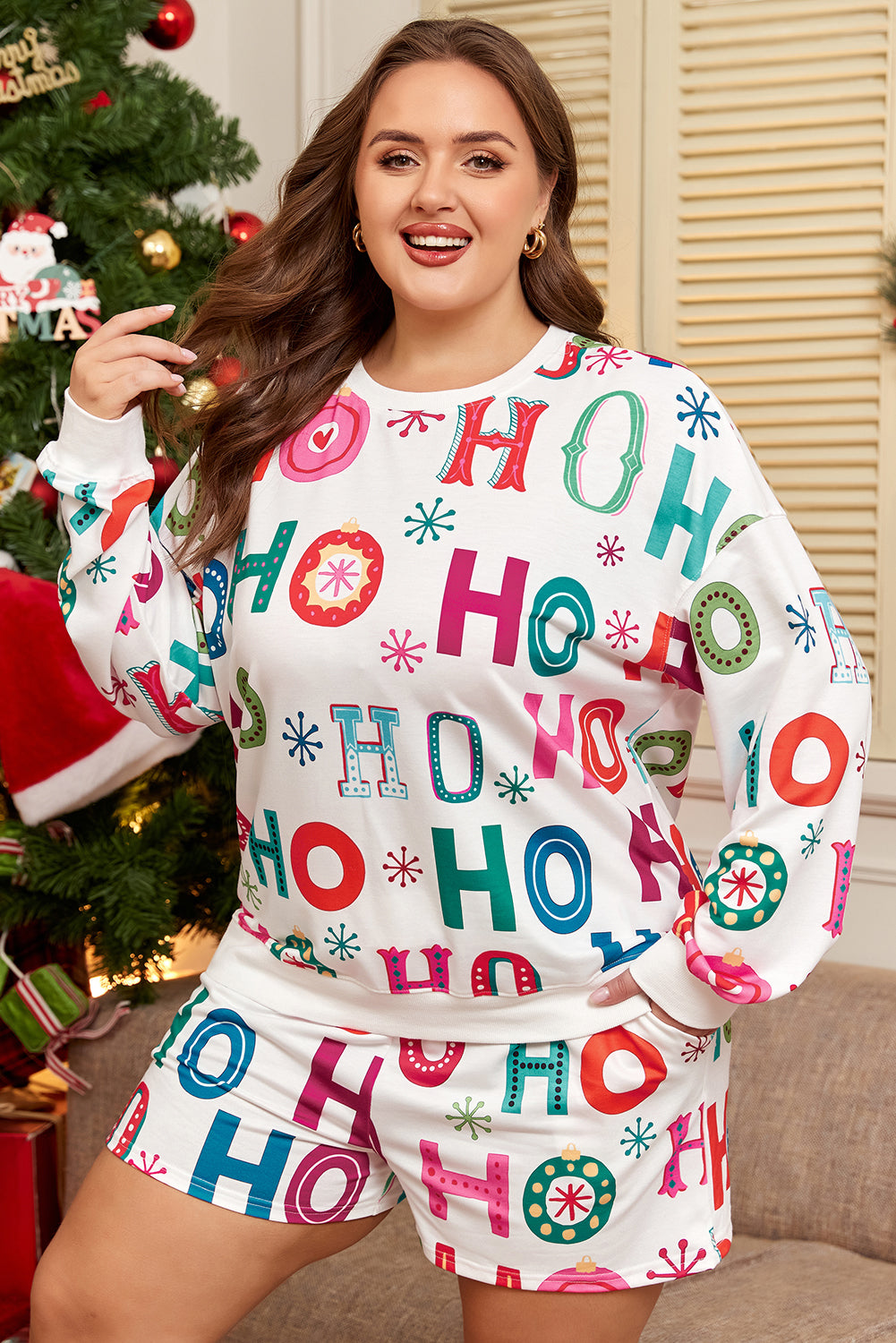 White Plus Size Christmas Ho Ho Ho Print Long-Sleeve Top and Shorts 2pc Lounge Set