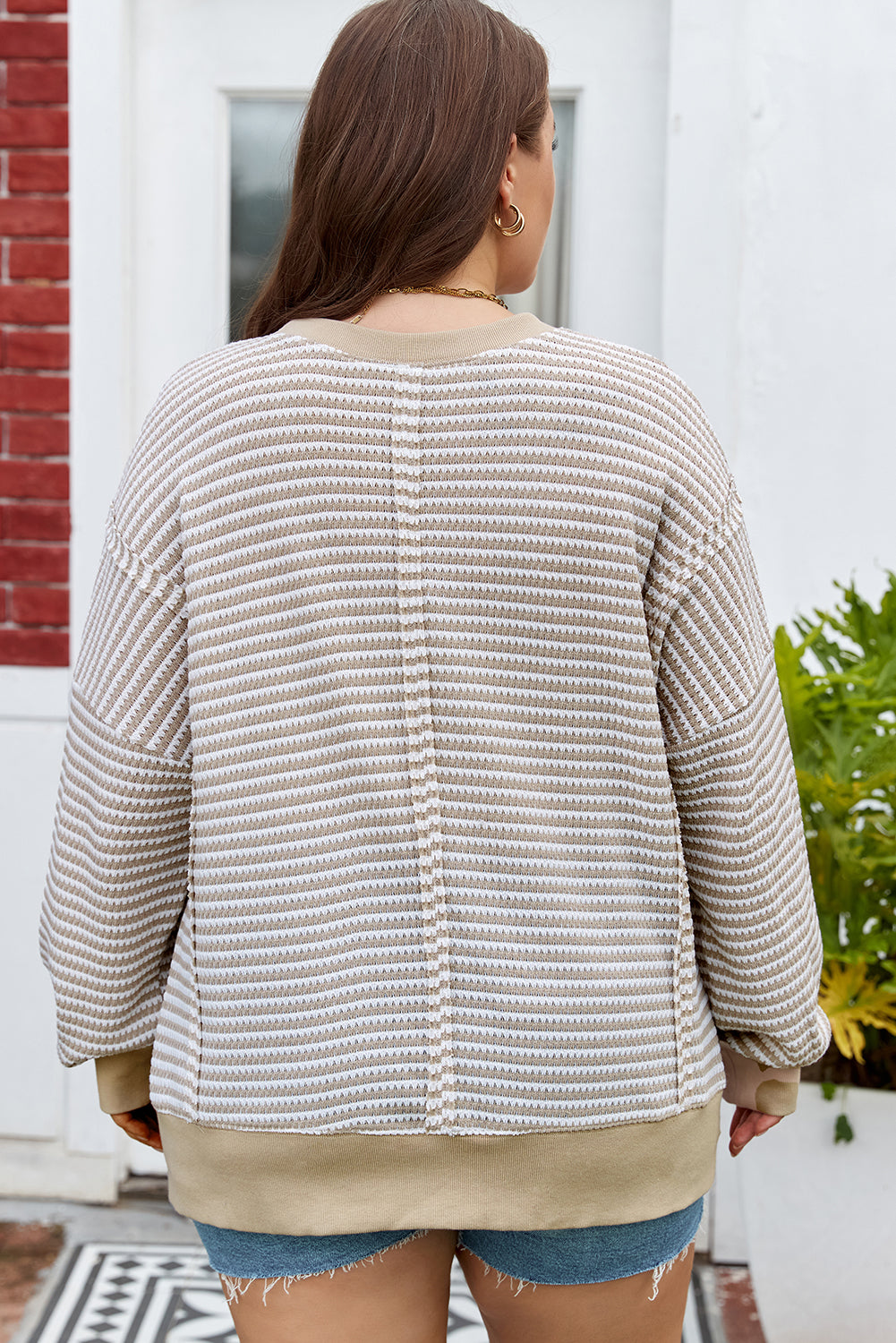 Brown Stripe Plus Size Breathable Knit Ribbed Trim Long-Sleeve Top