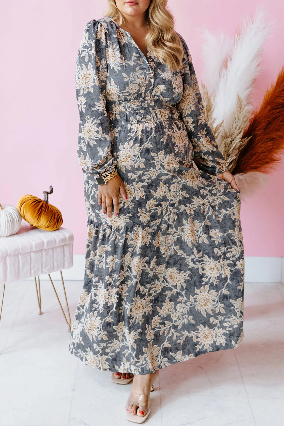 Sky Blue Plus Size Floral Print Split Neck Shirred High Waist Long-Sleeve Maxi Dress