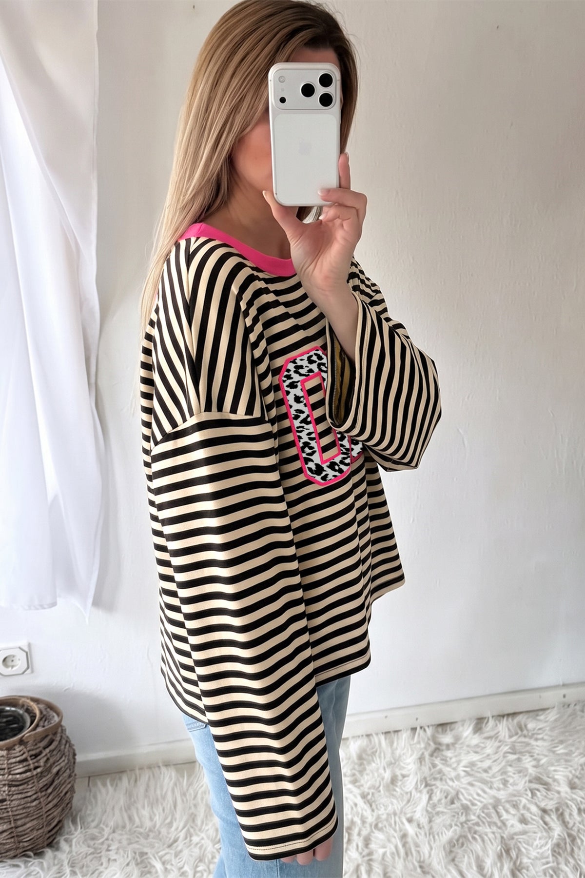 Beige Stripe Leopard CIAO Graphic Long Sleeve Top